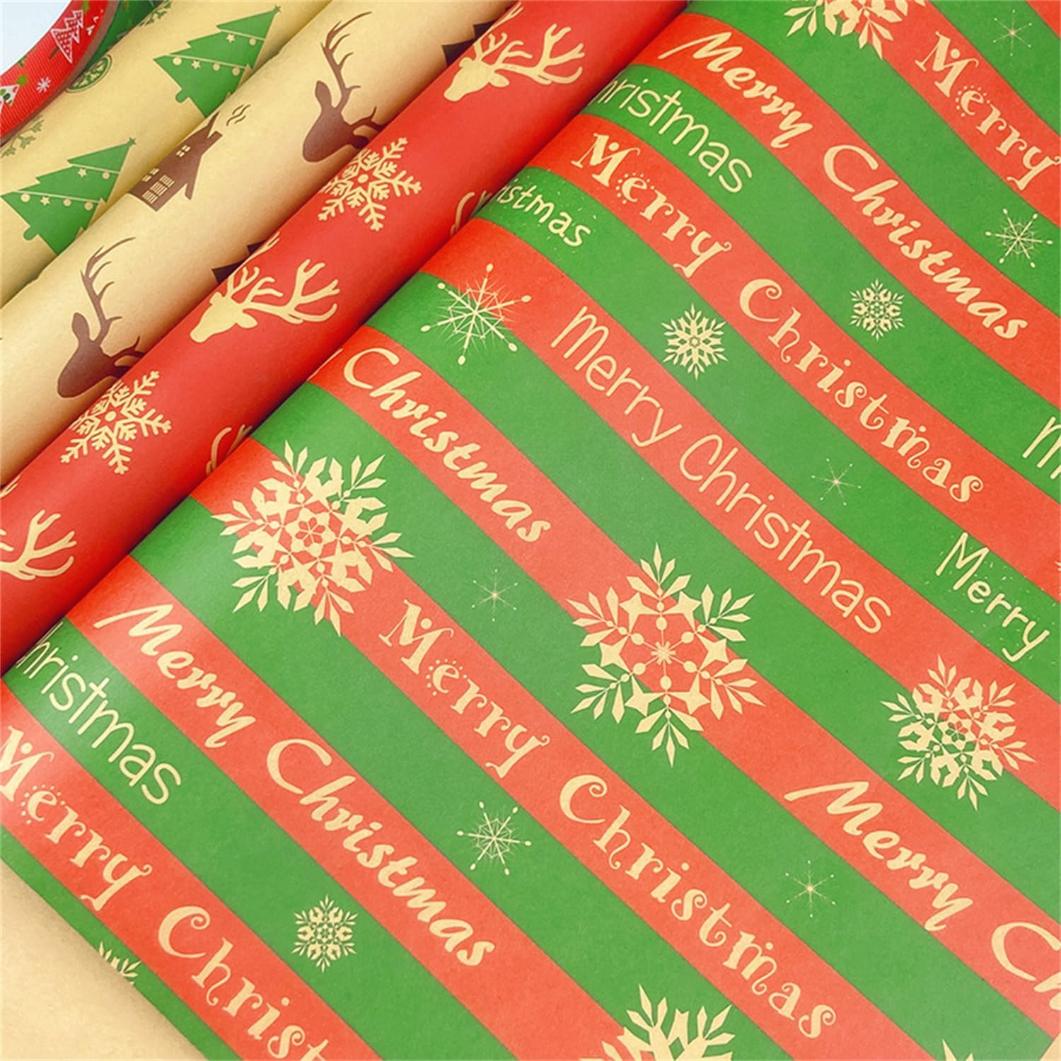 Eco-Friendly Renewable Wrapping Paper, 12Pcs+8M Tape+4Roll Ribbons - Cute Vintage Package for Christmas, Bridal & Baby Showers, Birthdays, Friendsmas image number 2