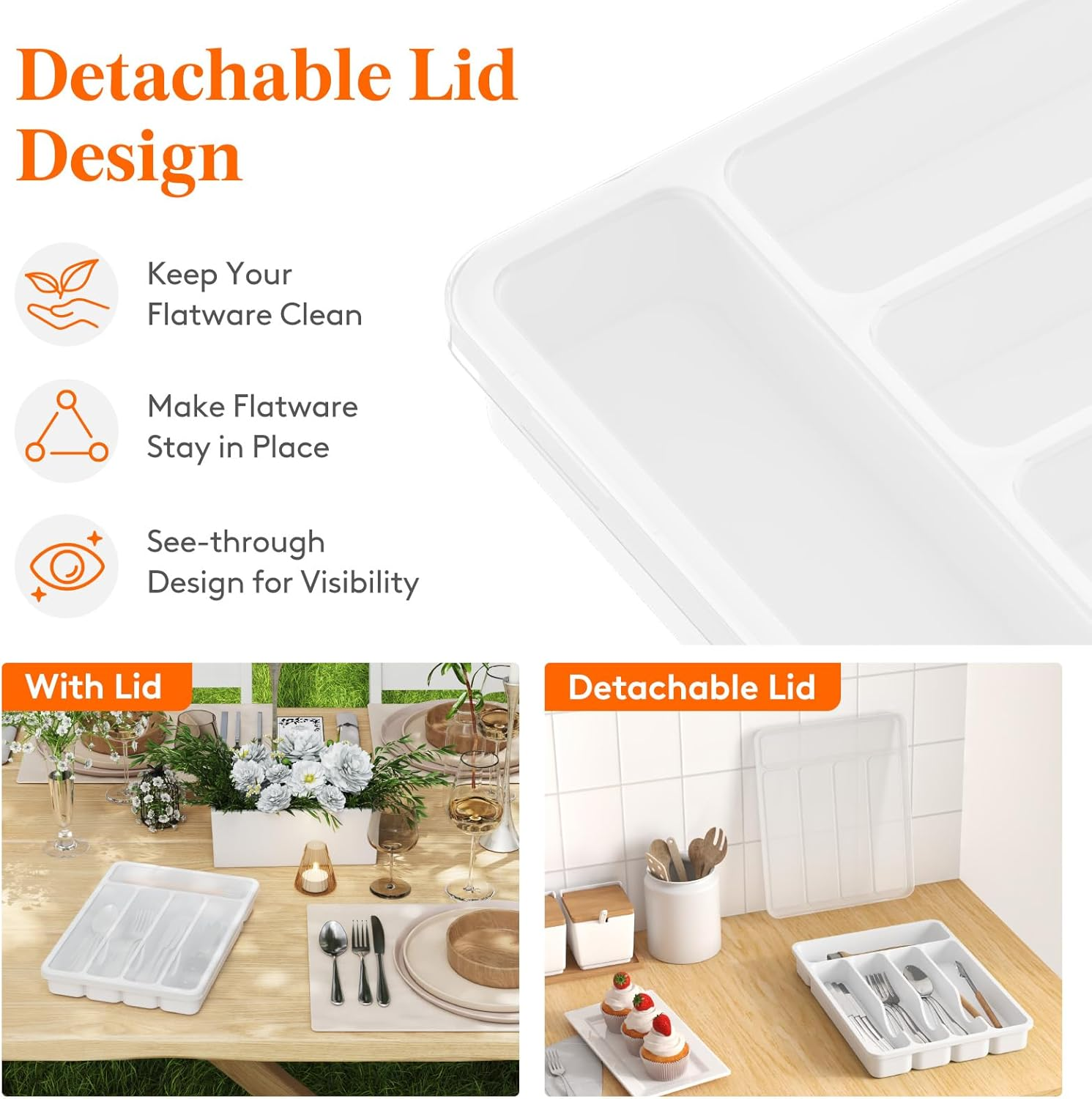 Lifewit Silverware Organizer with Lid, Covered Utensil Tray for Kitchen Drawer and Countertop, Plastic Cutlery and Flatware Storage Box for Spoons Forks Knives Holder Case, 5 Compartments, White image number 3