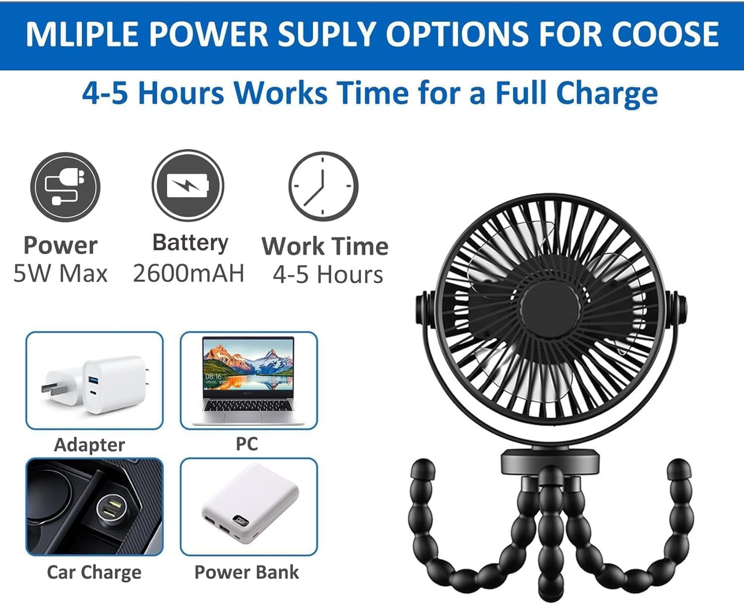 Portable Stroller Fan, 3 Speed 360&deg;Rotate Mini Portable Fan, Rechargeable Battery Powered Fan, Handheld Fan with Flexible Tripod, Mini Personal Fan for Car Seat Crib Treadmill Travel image number 4