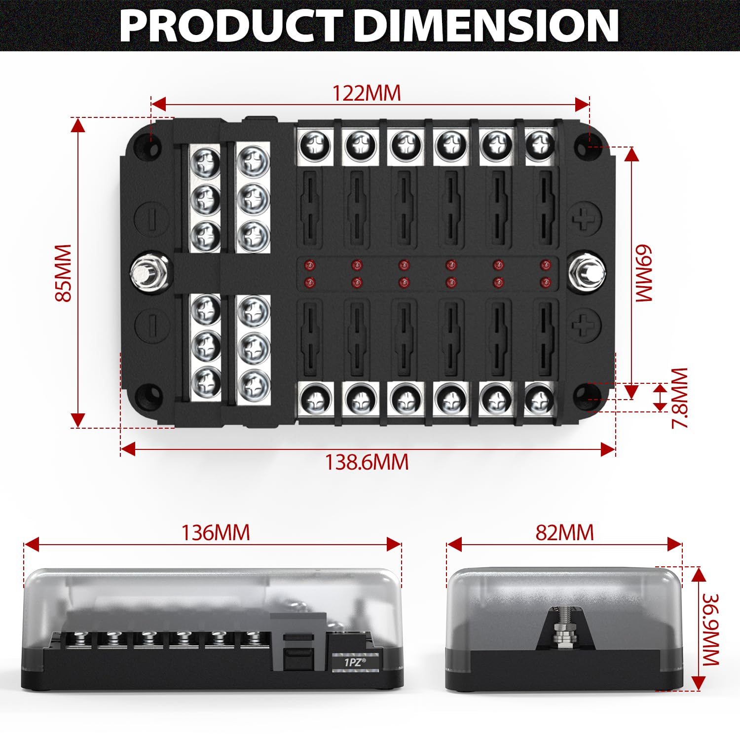 1PZ KC4-PK4 12 Circuit Waterproof Fuse Box with LED Light & Built-In Wire Cutter Universal Dual Pole Car Truck Boat Marine Fuse Block Panel image number 3