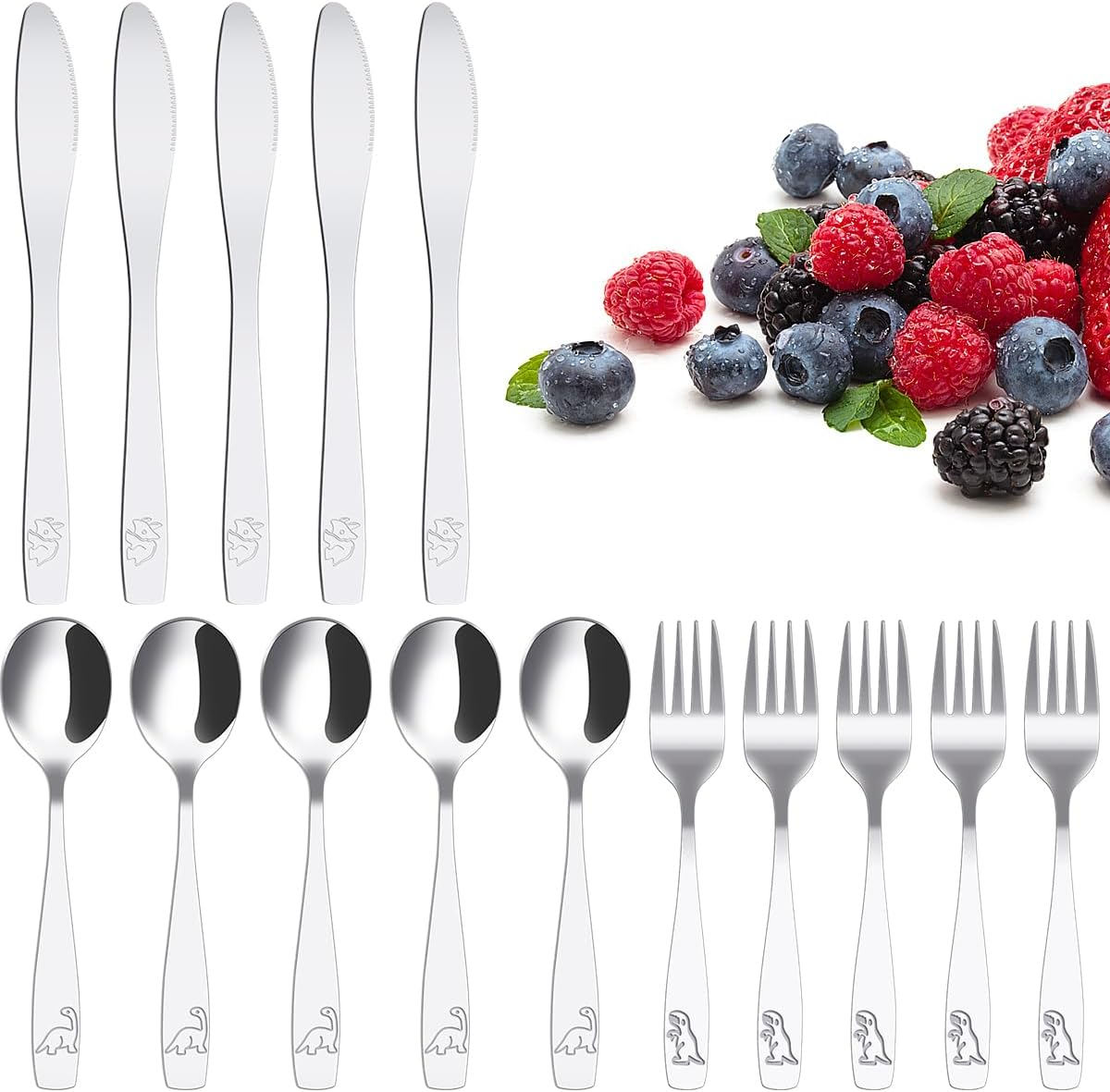 15Pcs Silverware Set 410 Stainless Steel Fork Spoon and Cutter Set Ergonomic Smooth Utensils Funny Dinosaur Flatware Set Dishwasher Safe image number 3