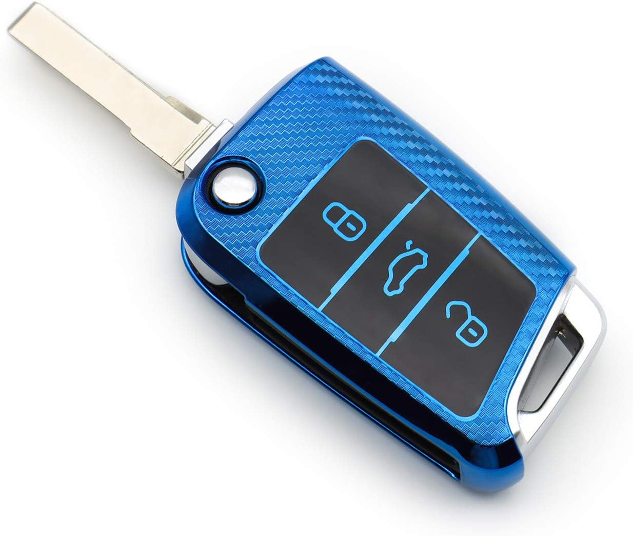 M.Jvisun Soft Carbon Fiber Finish Car Key Fob Cover for Volkswagen Atlas Golf Jetta Polo for Tiguan for Skoda Kodiaq Karoq for Audi A1 for Seat Ateca Leon Flip Key TPU Case with Keychain - Blue image number 4