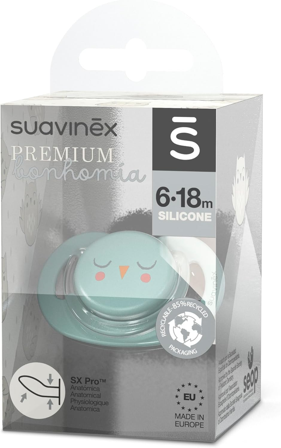 Suavinex Premium Soother with SX Pro Silicone Anatomical Teat for 6-18 Months Babies, Bonhomia Owl Green image number 5