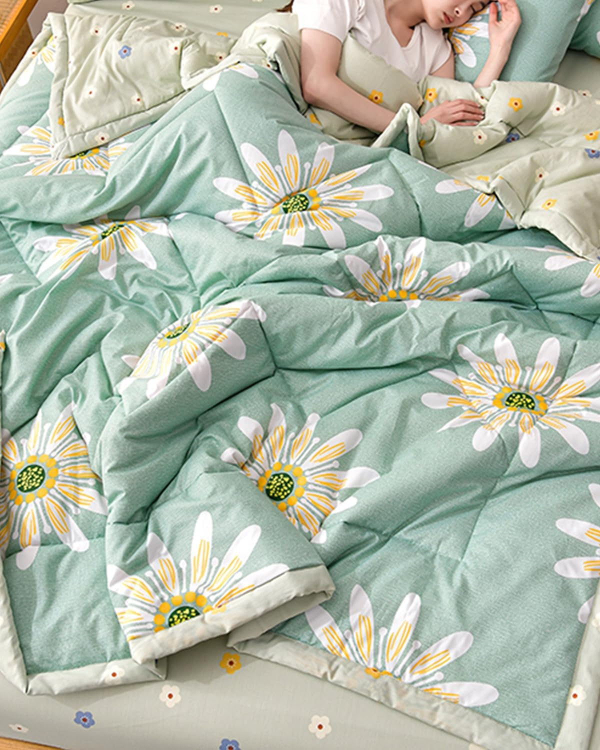 Chickwin Quilted Bedspread for Double Size, 200X230Cm Green Daisy Floral Printed Pattern Bedding Coverlets Lightweight Summer Bed Throws Comforter Soft Luxury Sofa Blanket for All Season image number 6