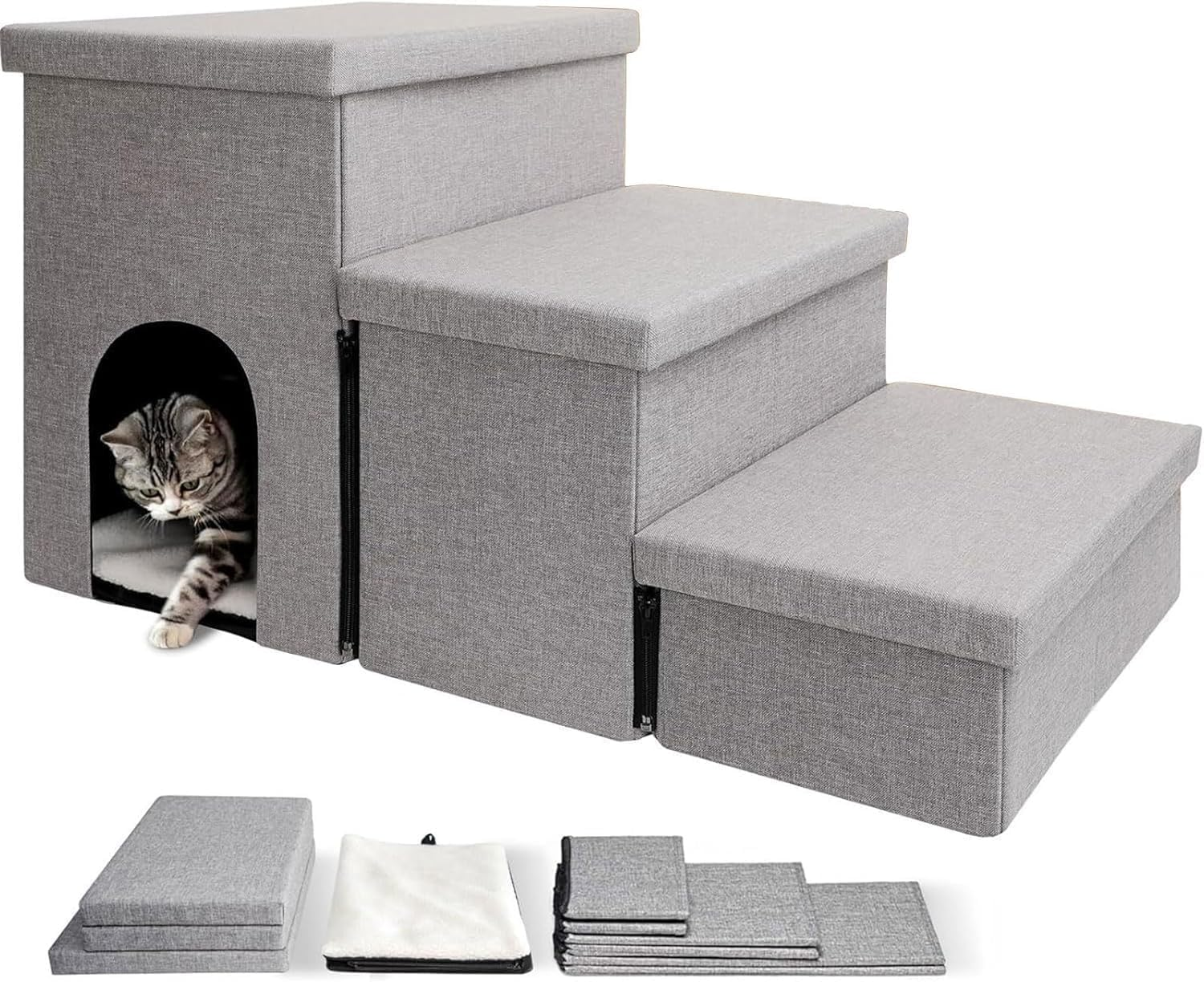 Dog Step Stairs with Storage, Foldable 3-Step Wider Dog Steps for High Beds Couch, Portable Cat & Puppy Steps, Dog Stair Ramp with Storage Box image number 5