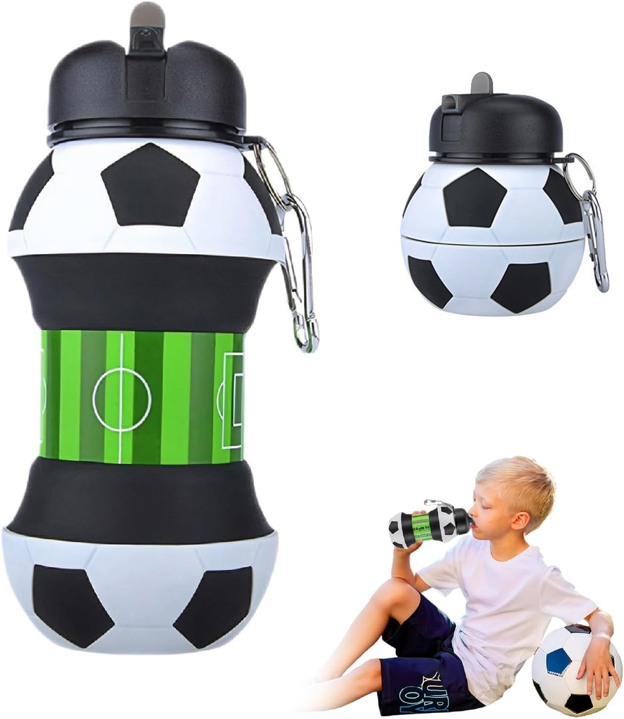 Wzenclave Sports Collapsible Water Bottle 550Ml/18.6Oz Ball Shaped Drinking Cup Foldable BPA Free Leakproof Lightweight Jug Portable Football anti Drop and Leak Proof Outdoor Sports Water Cup