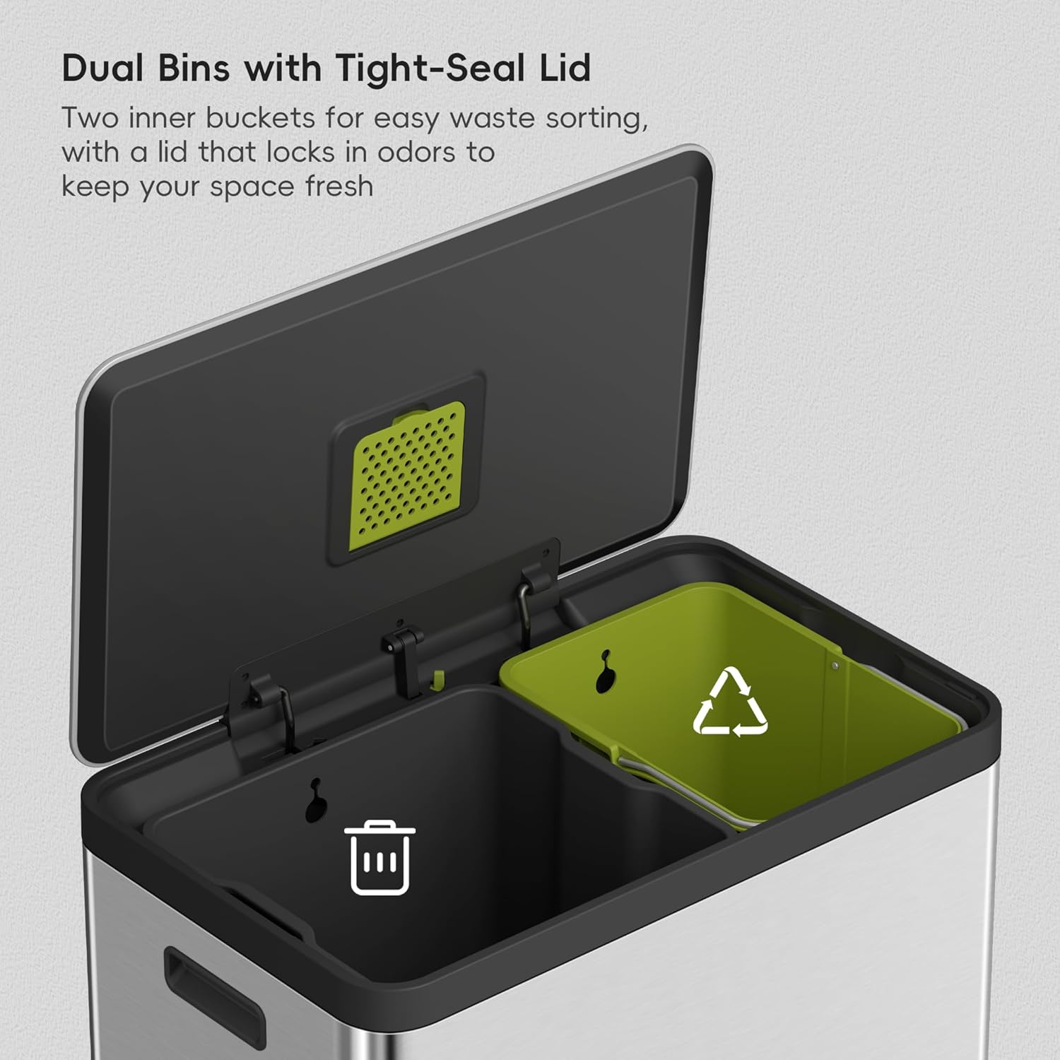 EKO Ecocasa II 36L+24L Dual Trash Bin with Recycle Bin, Stainless Steel Garbage Bin with Lid, Deodorizer Compartment, Odor-Proof and Fingerprint Resistant image number 2