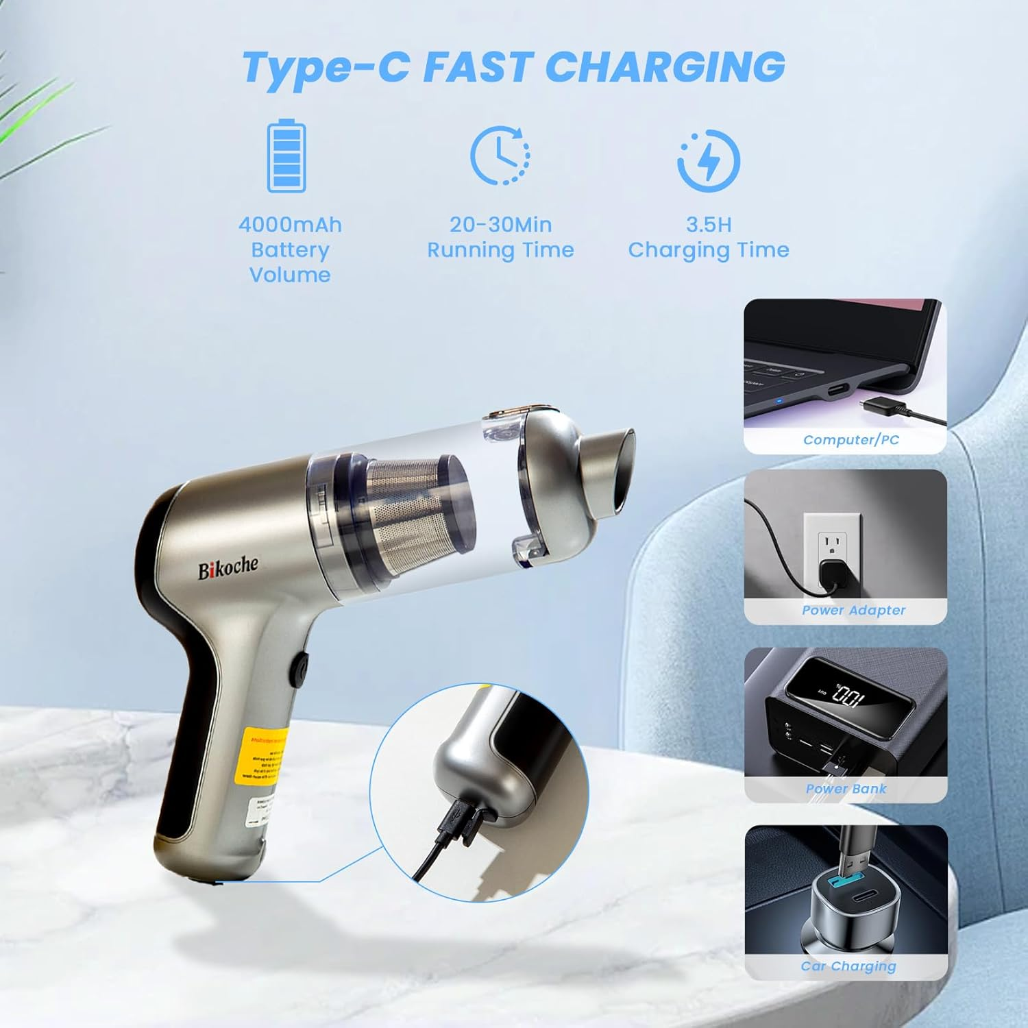 Car Vacuum Cleaner - 3 in 1 Powerful Rechargeable Mini Car Vacuum, Portable Vacuum Blower with Brushless Motor, Cordless Handheld Vacuum for Car, Home, Keyboard Cleaning image number 3