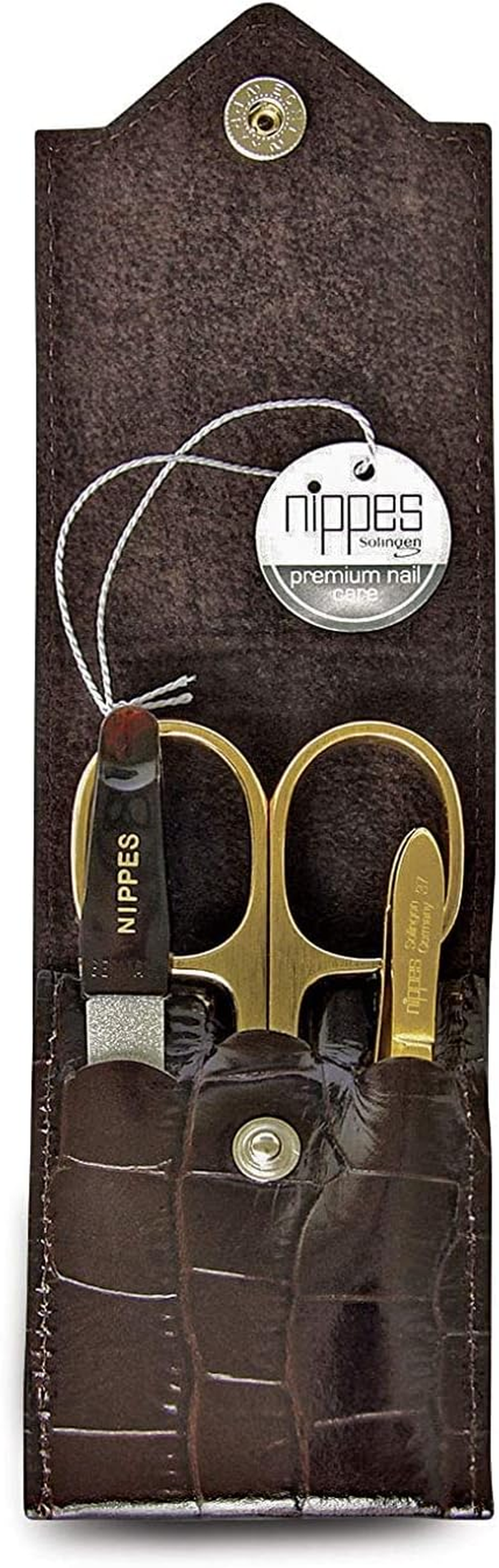 Nippes Solingen Premium Line Croco Manicure Set, 3 Pieces, Nickel-Plated and Gold-Plated Nail Care Set, Cowhide Leather Case in Crocodile Design, Manicure Pedicure, Made in Germany image number 3