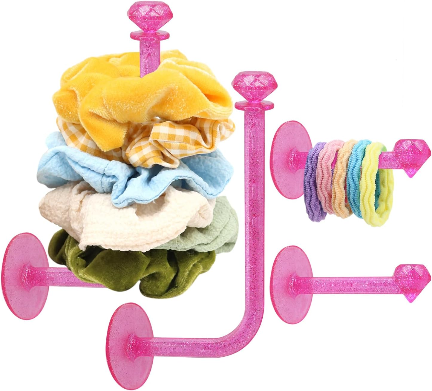 4Pcs Headband Holder Stand Scrunchie Organizer, Girls Hair Accessories Organizer Storage for Headband Hairband Hair Ties, Clear Glitter Adhesive Scrunchy Holder Scrunchie Storage