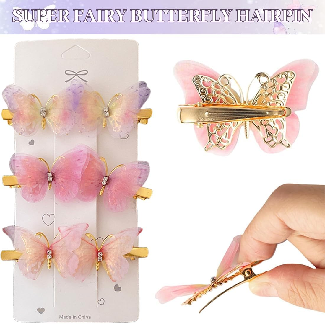 Pack of 20 Butterfly Hair Clips, Hair Clips Girls Women Children Glitter 3D Butterfly Hair Clips Set for Bridal Wedding Accessory image number 2