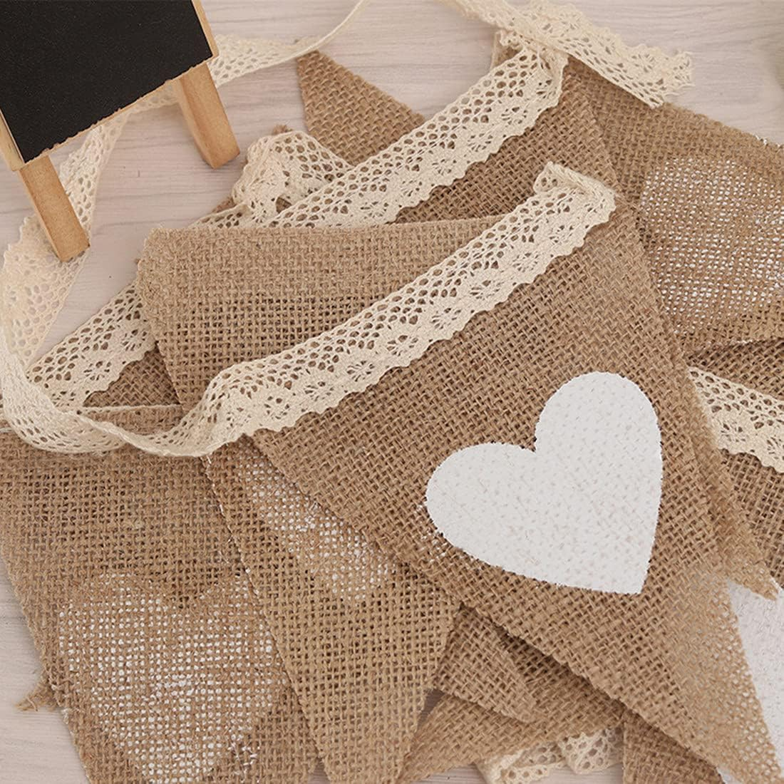 FQTANJU 12Pcs Vintage Heart Jute Burlap Bunting Banner Hessian Flag for Wedding Party Decoration White Lace 2.5M image number 1