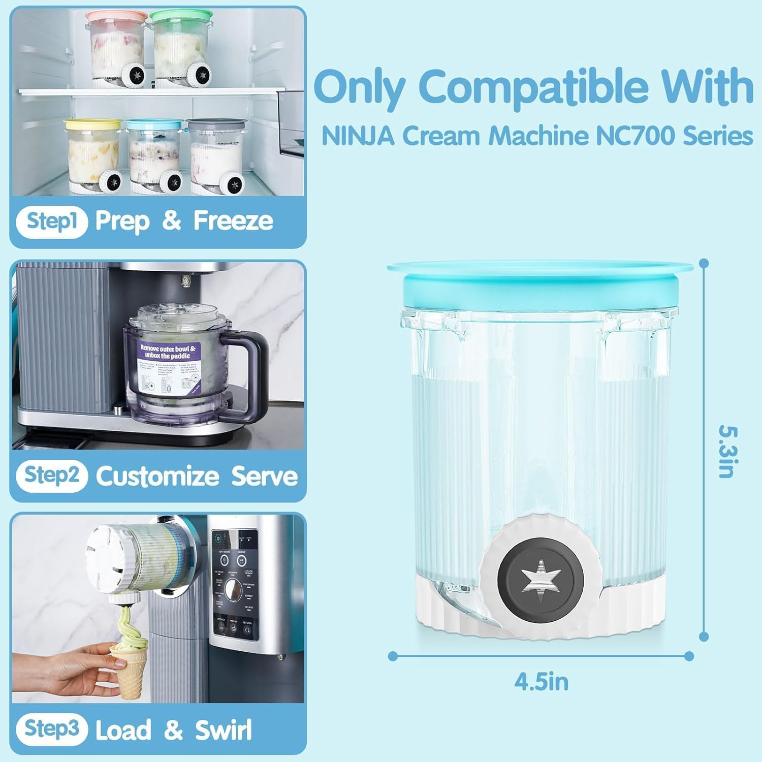 4 Pcs Ninja Creami Swirl Pints and Lids Compatible with Ninja NC700 Series, NC701, NC701C, Creami Containers for Swirl Ice Cream & Soft Serve Makers, Bpa-Free, Dishwasher Safe(Pink&Blue&Yellow&Green) image number 2
