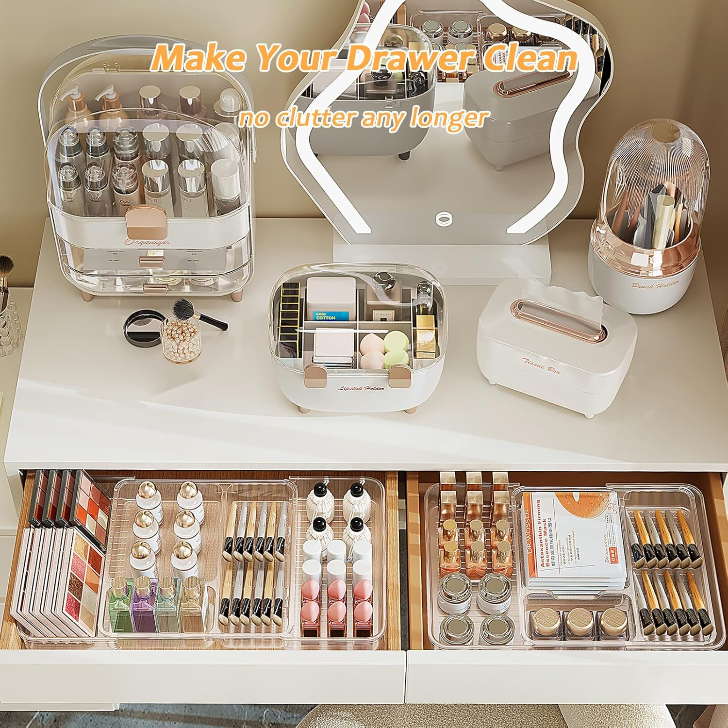 Ruaizel Cutlery Drawer Organiser, Expandable Utensil Tray with Adjustable Dividers, Adjustable Silverware and Flatware Holder for Kitchen Spoons Forks Knives, 28-48.5Cm (Transparent)