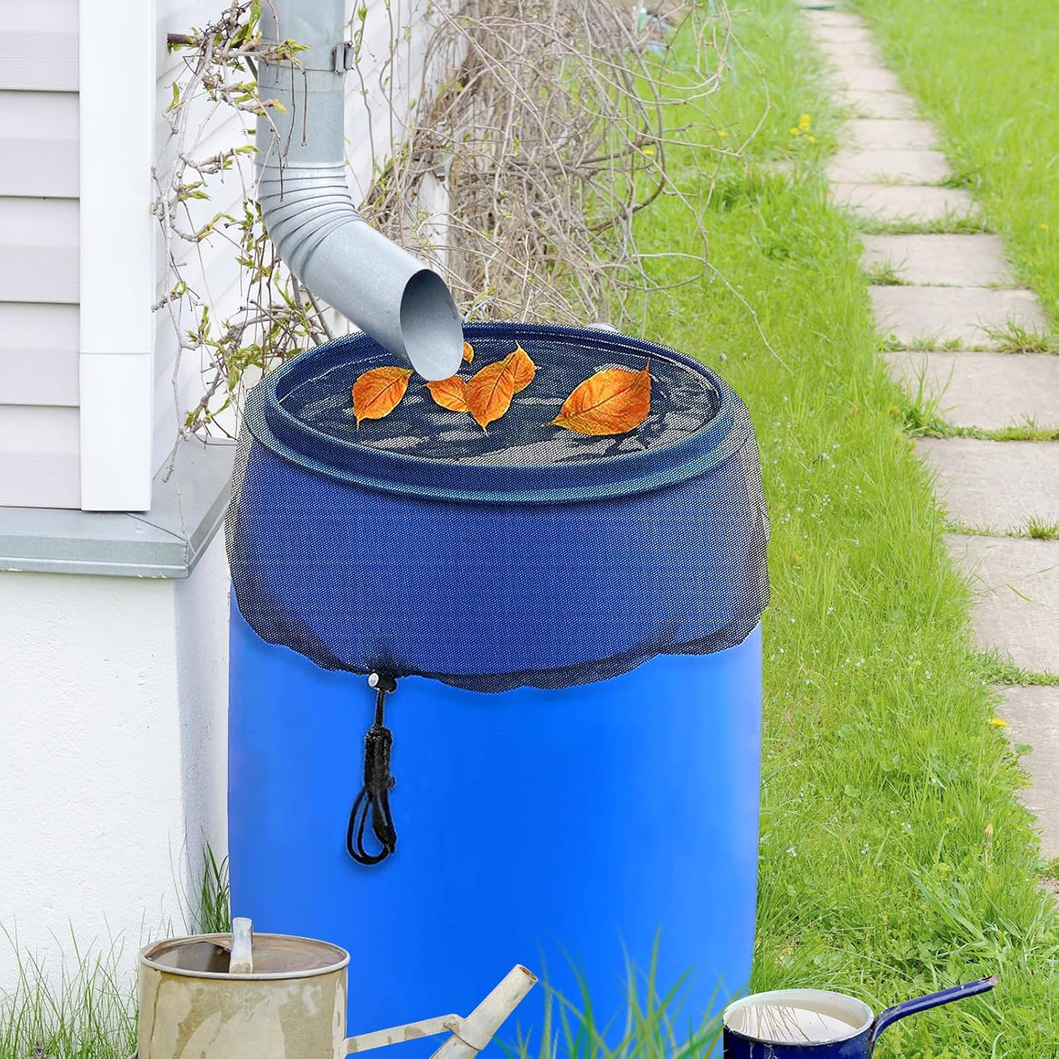 Mesh Cover for Rain Barrels 2 Pieces Barrel Mesh Lid, Screen Water Bucket Covers, Barrel Screen with Adjustable Drawstring, for Keep Fallen Leaves, Debris and Mosquitoes for Outdoor image number 4