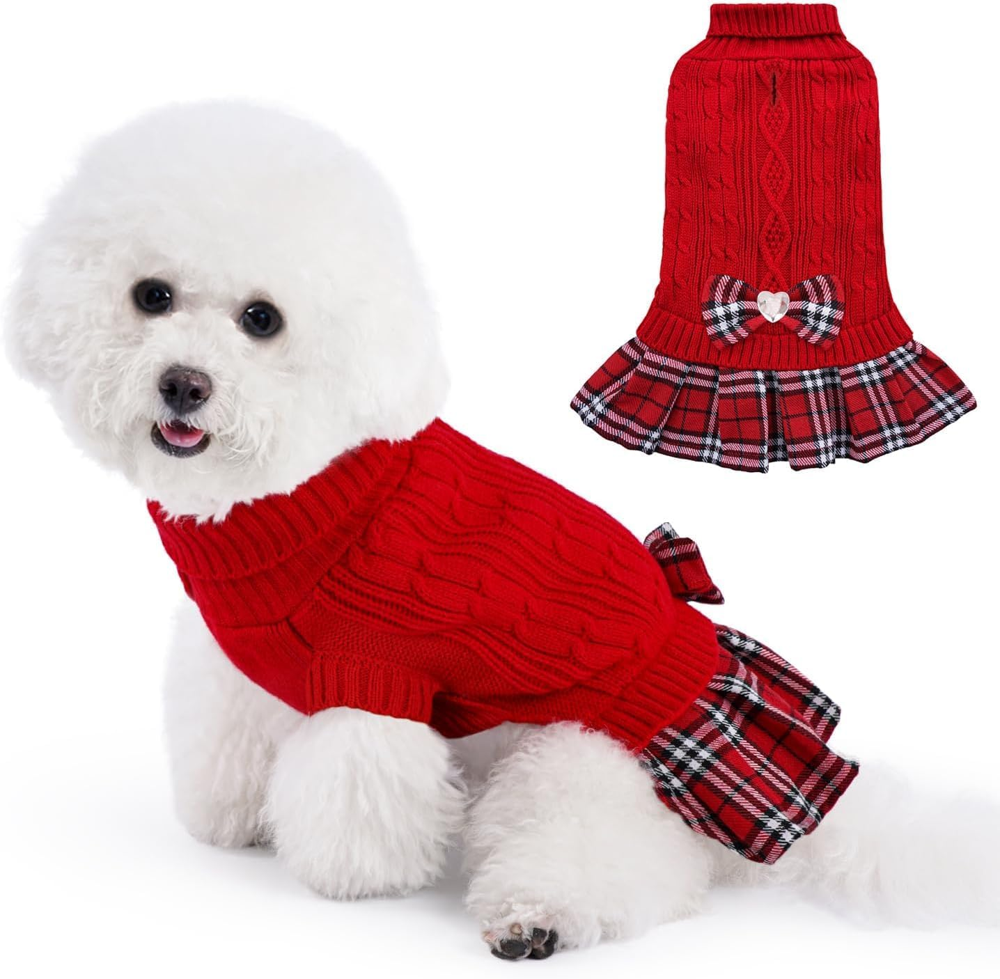 Slowton Dog Turtleneck Sweater Dress with Bowtie - Dog Warm Pullover Sweater with Leash Hole, Stretchy Knitted Winter Clothes for Small Medium Dogs Puppies image number 2