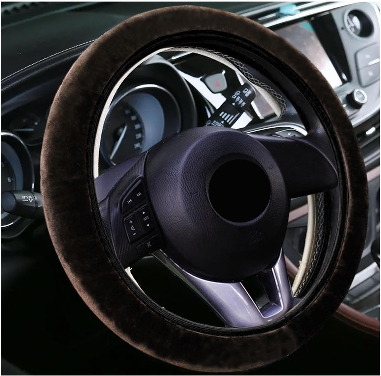 Kewucn Fuzzy Car Steering Wheel Cover, 15 Inch Elastic Soft Steering Wheel Protector, Anti-Slip Fluffy Car Wheel Covers, Universal Vehicle Warm Winter Accessories for Car SUV Truck (Black)