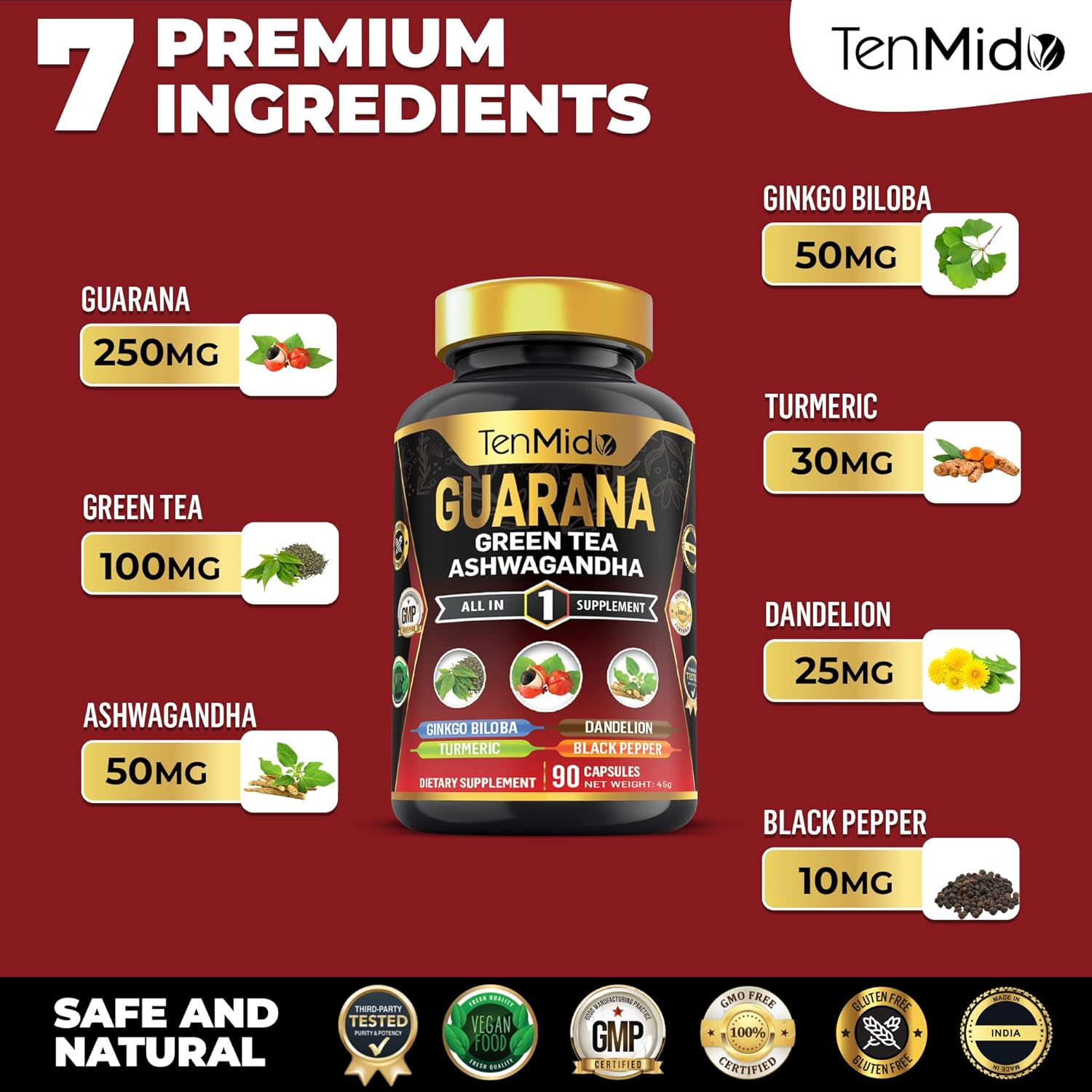Guarana Supplements - 7In1 with Green Tea, Ashwagandha, Ginkgo Biloba, Turmeric, Dandelion and Black Pepper - 90 Vegan & Non-Gmo Capsules image number 6