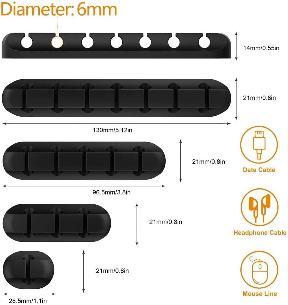 Cable Organizer Clips Cord Holder - 5 Packs Self Adhesive Cable Management for USB Cable/Power Cord/Wire, Car and Desk, Home and Office Black Cord Organizer image number 6