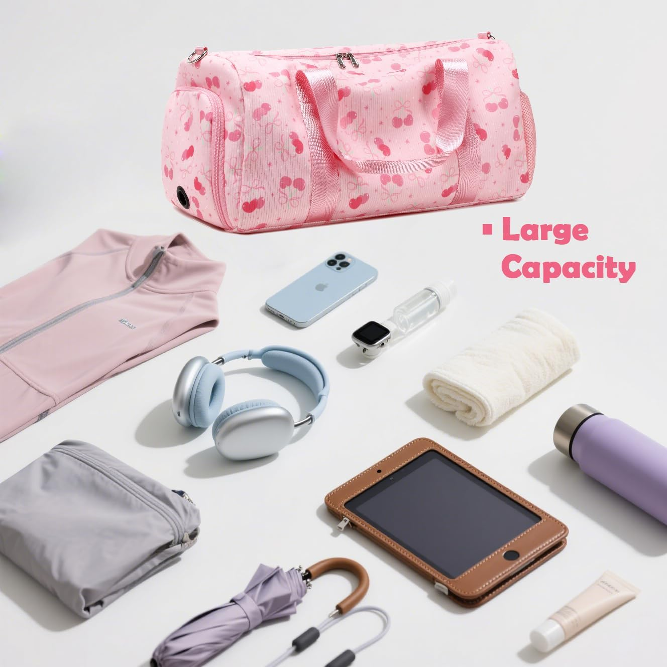 Kids Dance Bag Gymnastics Bag Girls Boys Duffle Bag Gym Sports Ballet Bag with Shoe Compartments, Girls Overnight Weekender Carry on Travel Bag, Cherry Pink - Bow Pink image number 4