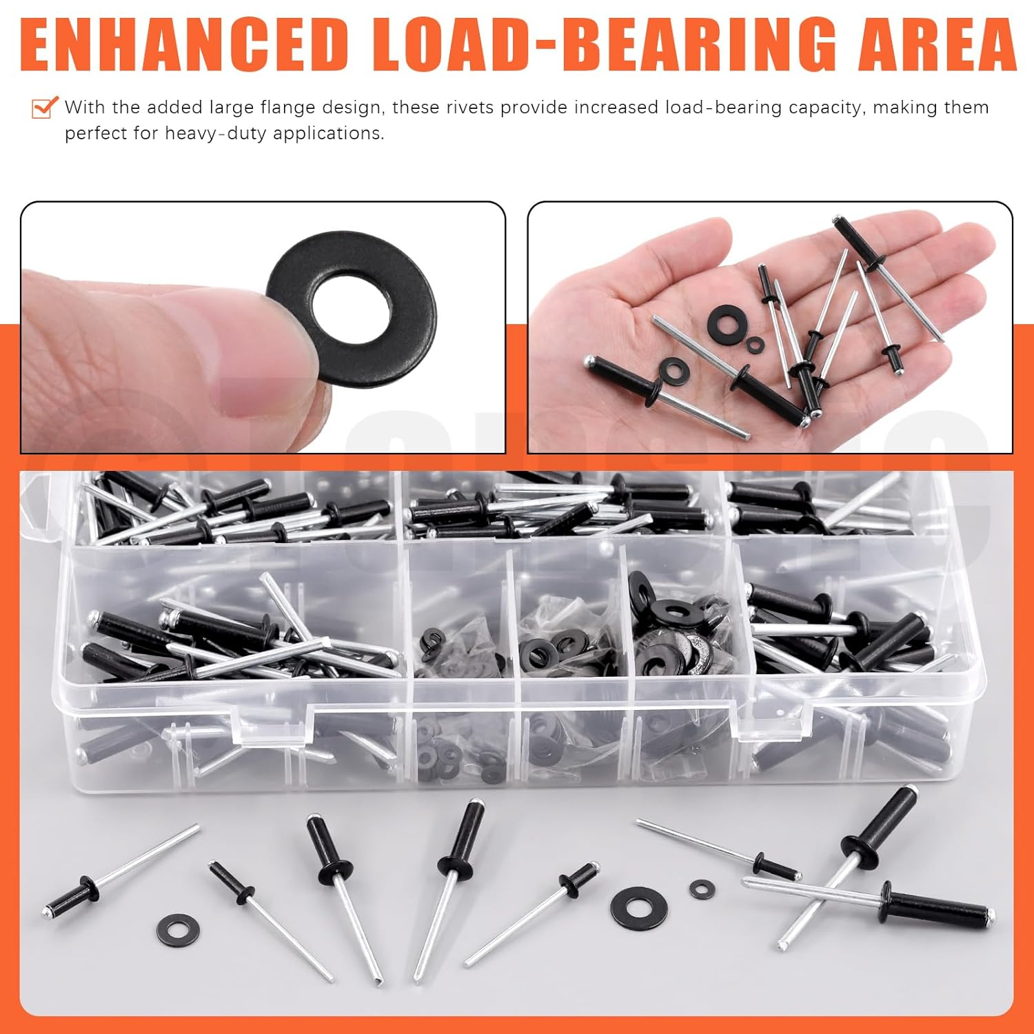 Fanstic 560Pcs Black Aluminum Pop Rivets Kit, 8 Size Blind Rivet Fasteners with 3 Size Backup Washers Assortment Kit for Aviation Automobile Furniture Use image number 4