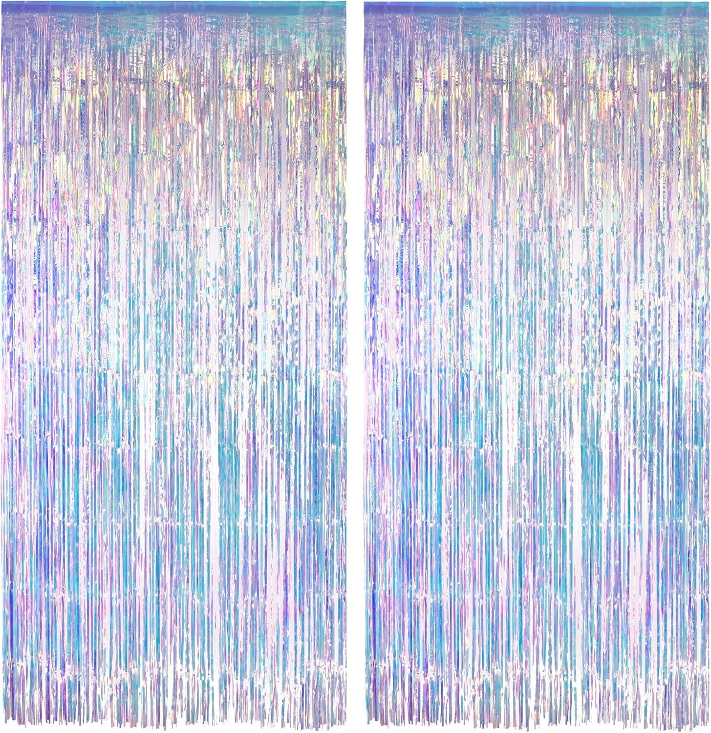 2 Pack Iridescent Party Streamers Backdrop Decorations- Neon Transparent Holographic Tinsel Foil Fringe Curtain for Mermaid/Frozen/Sea/Euphoria/Eras Party Theme Decorations 3.2Ft X 6.5Ft 2 PCS image number 1