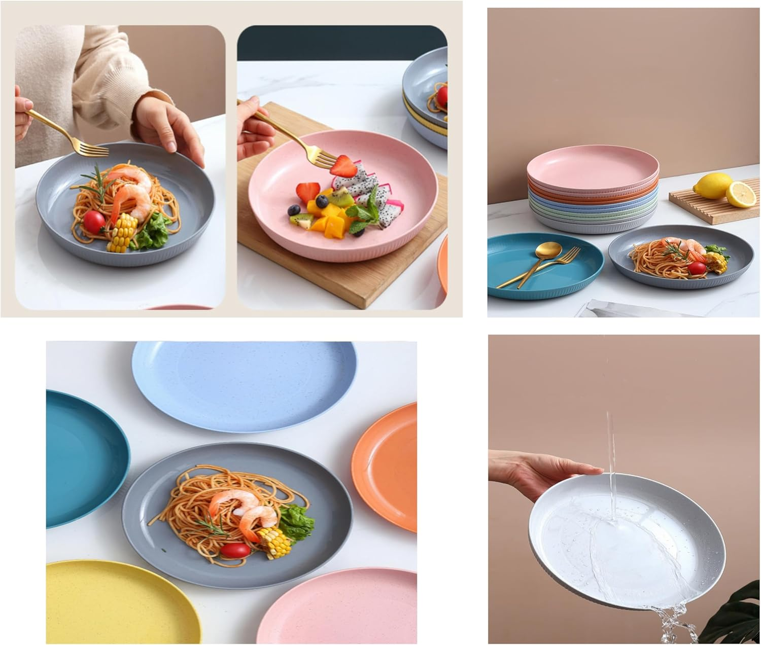 6 Pack Wheat Straw Plates Reusable Dinner Plates, Durable & Lightweight, Perfect for Home, Parties, Camping, and Dishwasher Safe (Orange, Dark Green, Pink, Blue, Green, Beige) image number 5