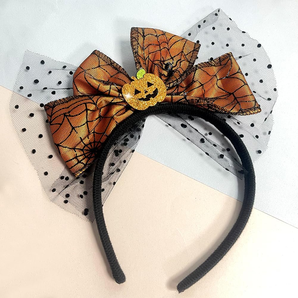 Happy Halloween Headband Pumpkin Bow Hair Accessories for Woman Halloween Party Headbands Decor Cute Pumpkin Mesh Design Headwear Hair Hoop for Fall Hair Decorations image number 5