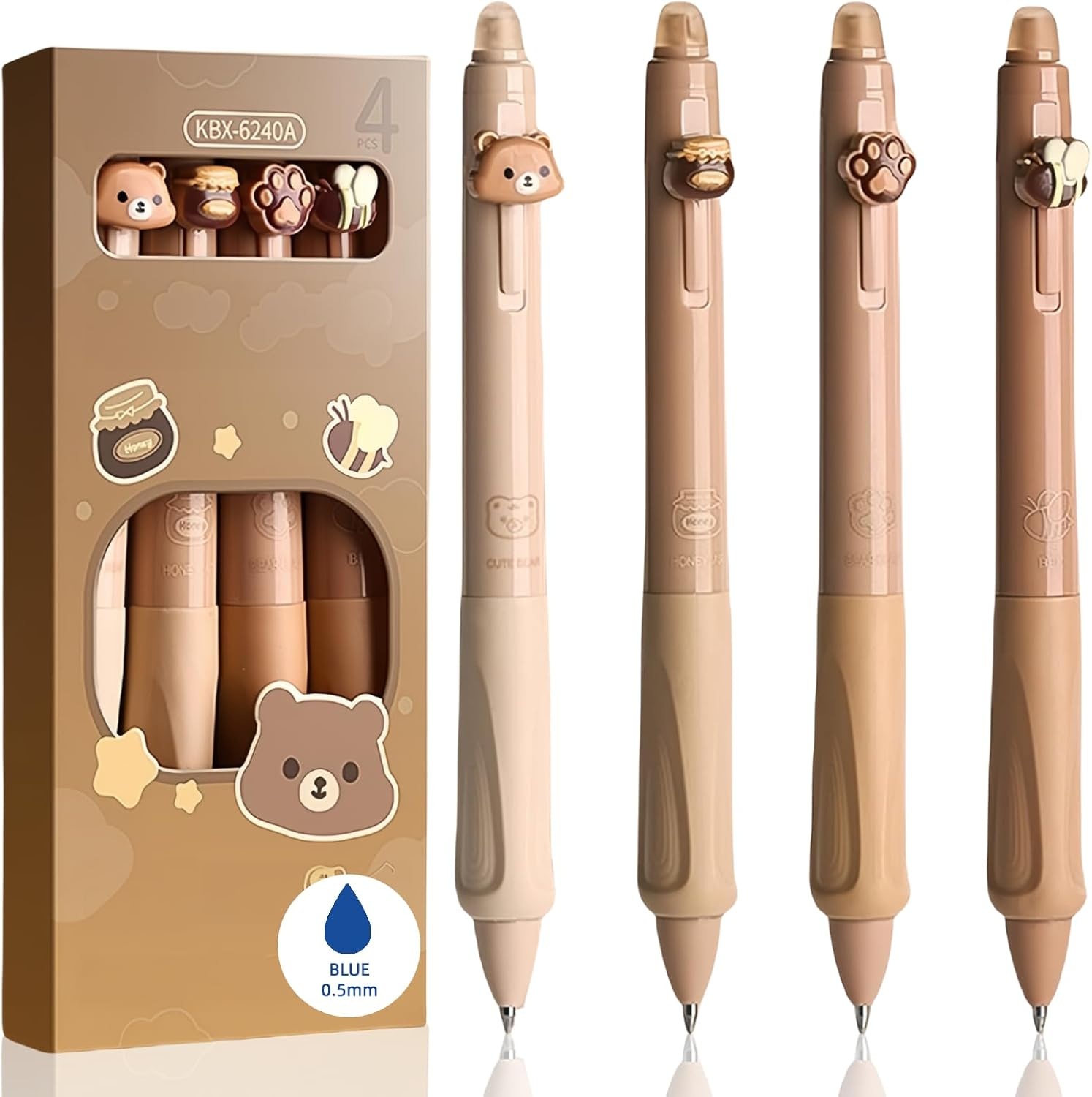 Erasable Ballpoint Pen Set with 4 Animal Pens Bear Bee Paw Honey Pot - Ball at the End for Removing Ink - Blue Ballpoint Pen - Diameter of Lead 0.5 - Erasable Ballpoint Pen