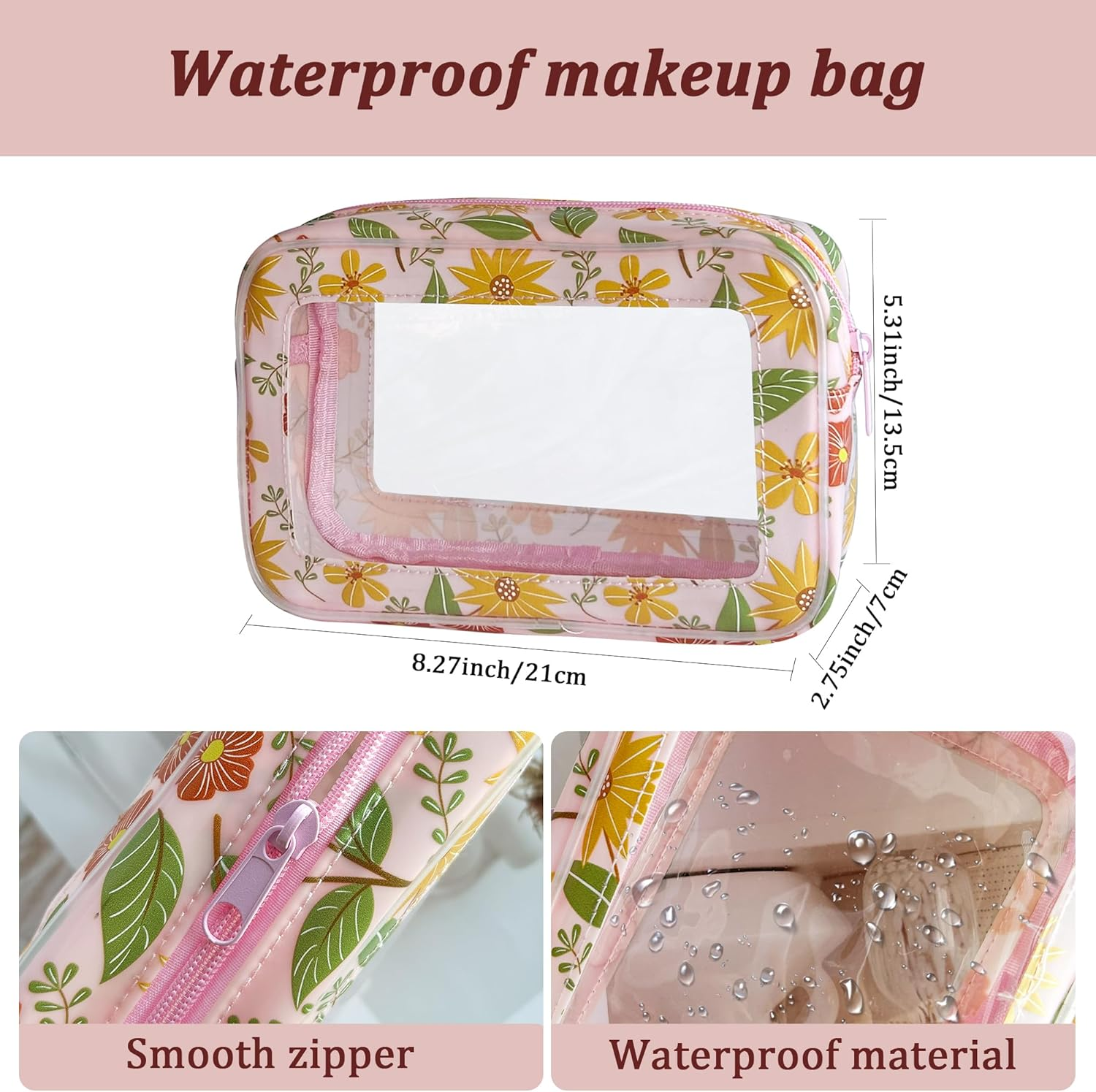Toteprint Transparent Waterproof Cosmetic Bag Made of PVC with Floral Pattern, 21 X 13.5 X 7 Cm, Travel Organiser for Day Care, Men and Women, Red Flowers, Modern
