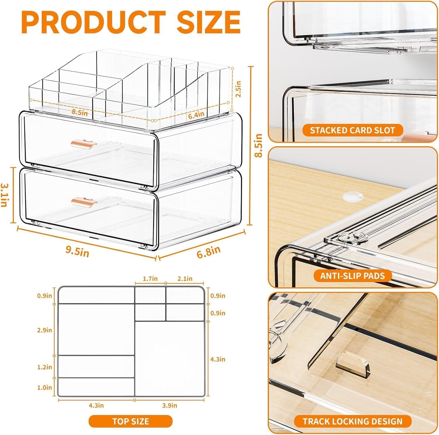 3-Tier Clear Stackable Acrylic Makeup Organizer with Drawer, Vanity Bathroom Countertop Cosmetic Display & Storage Case for Lipstick Brushes Skincare Perfume Jewellery Nail Polish image number 5