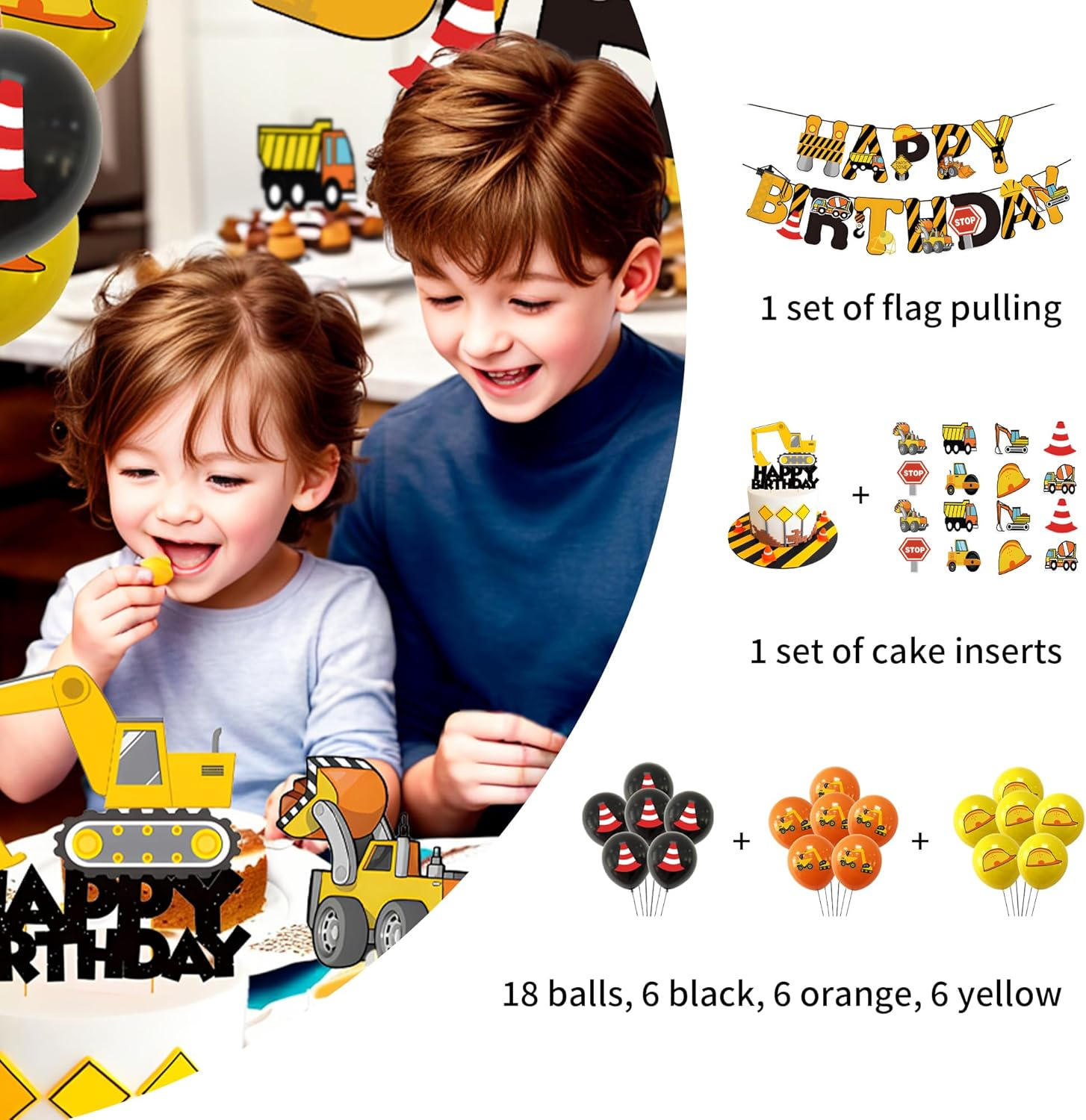 Birthday Party Decorations for Kids Construction Birthday Party Supplies Truck Car Themed Happy Birthday Banner Balloon Cake Topper for Toddler Boy Birthday Decorations Excavator Birthday Decoration image number 4
