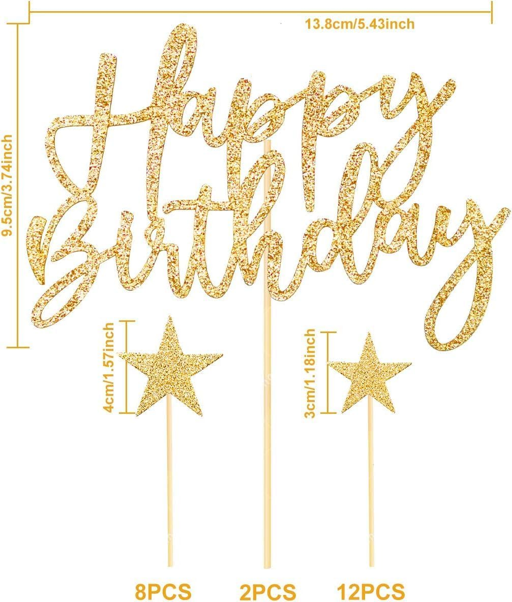 Happy Birthday Cake Topper: 2 Sets Gold-Themed (With Birthday Sign, Star Sign). Ideal for Men, Boys, Women, Girls&rsquo; Birthday Parties, Hen Parties; Decorative, Fits Gold Theme Celebrations. image number 4
