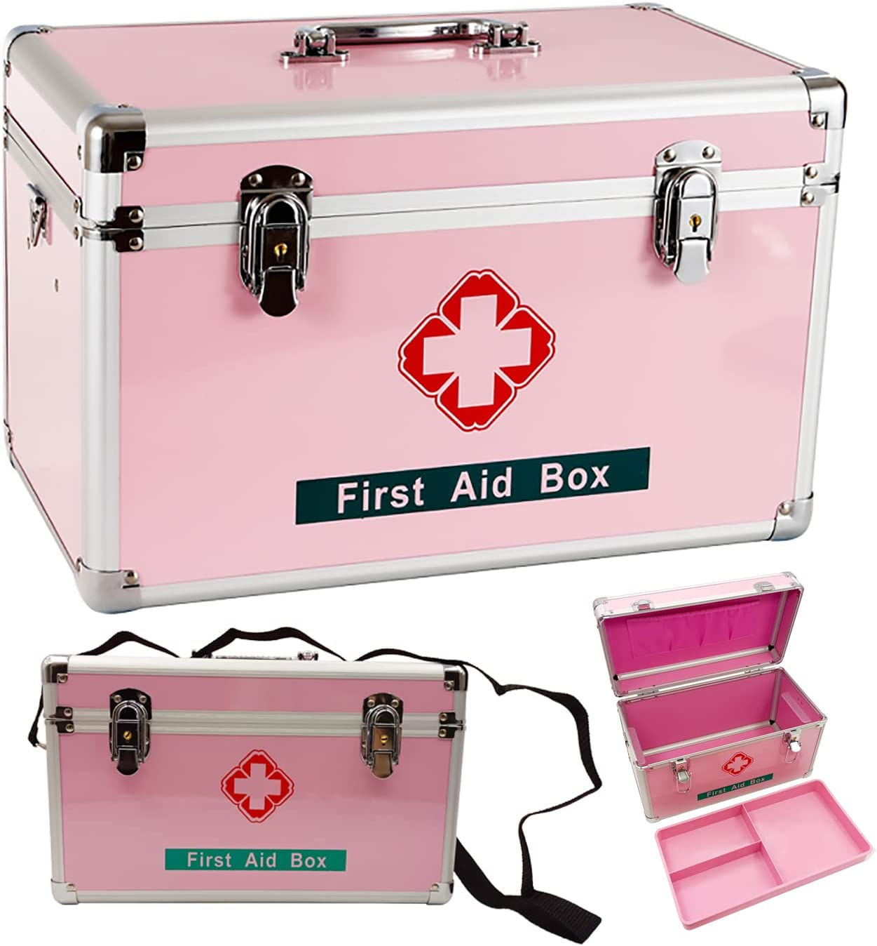 FOREVERIE Premium 14 Inches Empty First Aid Box with an Internal 3 Grid Tray and Shoulder Strap, Aluminum Alloy Framed, Portable Home & Work Medicine Box for Medical and Health Industry Workers