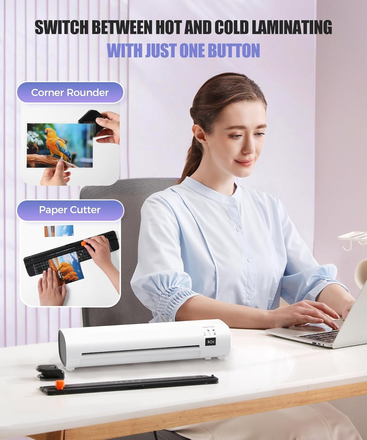 9 Inch Laminator Machine with Never Jam Technology, 40 Laminating Sheets, 4-In-1 A4 Thermal Laminator with Trimmer and Corner Rounder for Office, School, Business and Home Use, White image number 1