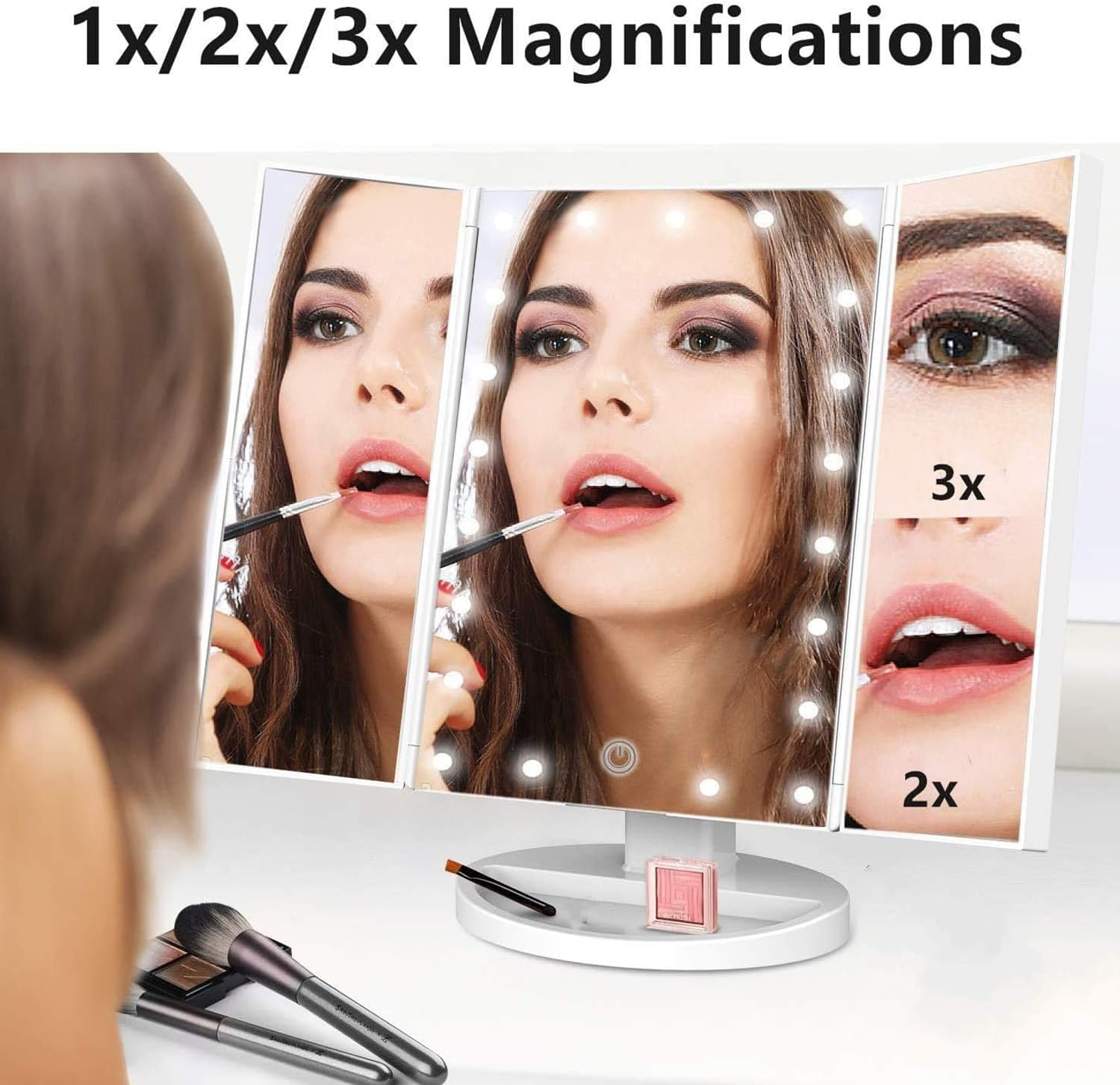 Makeup Mirror Vanity Mirror with Lights,2X 3X Magnification,Lighted Makeup Mirror,Touch Control,Trifold Makeup Mirror,Dual Power Supply,Portable LED Makeup Mirror,Women Gift (White) image number 3