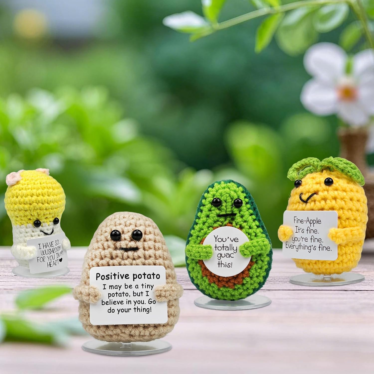 SZMDLX Positive Crochet Potato Mushroom Avocado Pineapple, 4PCS Emotional Inspirational Support Cute Stuff, Home Decoration, Funny Handmade Crochet with Positive Card, Encouragement Gifts for Friends image number 1