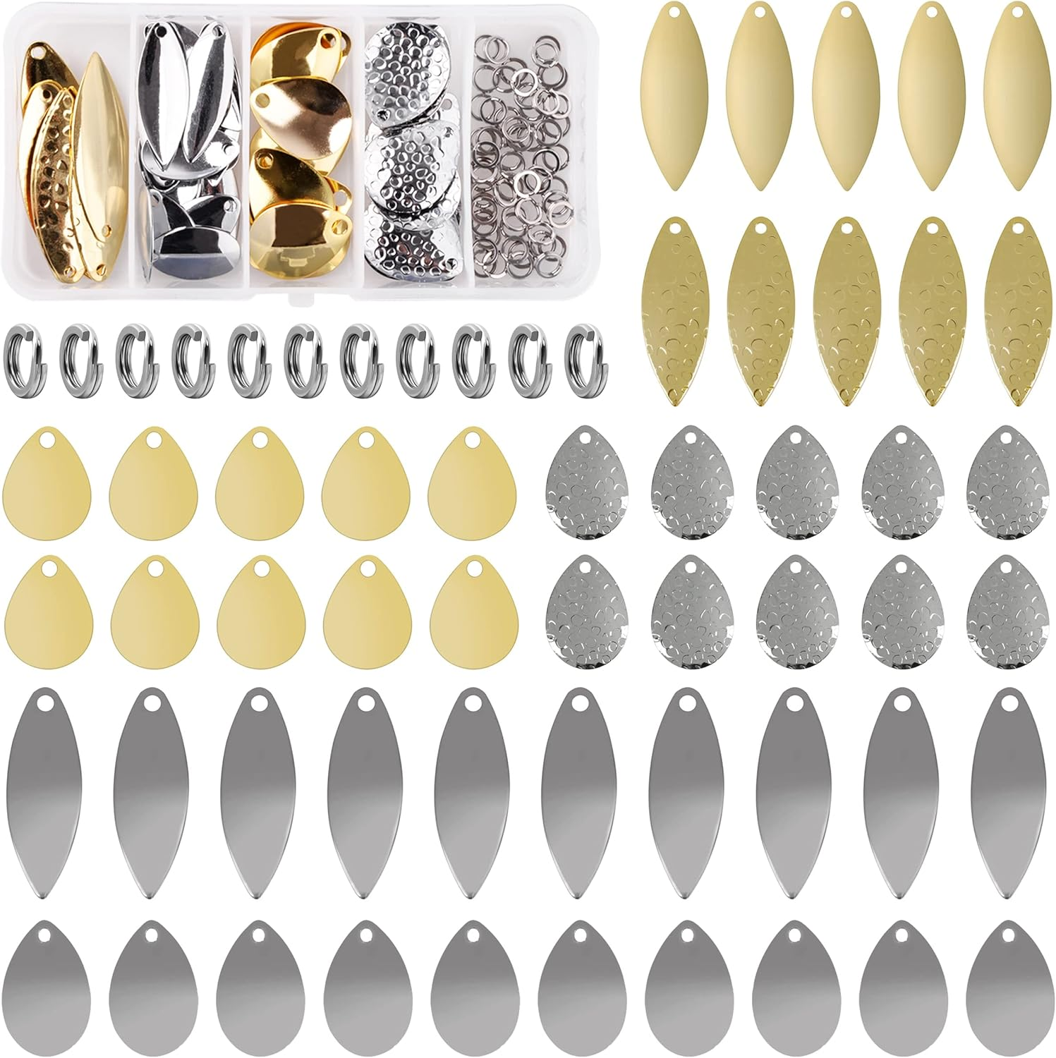 OROOTL Fishing Spinner Blades Split Rings Kit, 100Pcs Colorado Willow Blades Lure Rings Set Gold Silver Spoon Easy Spin Spinner Bait Making Freshwater Saltwater Walleye Rig Inline DIY Accessories image number 3