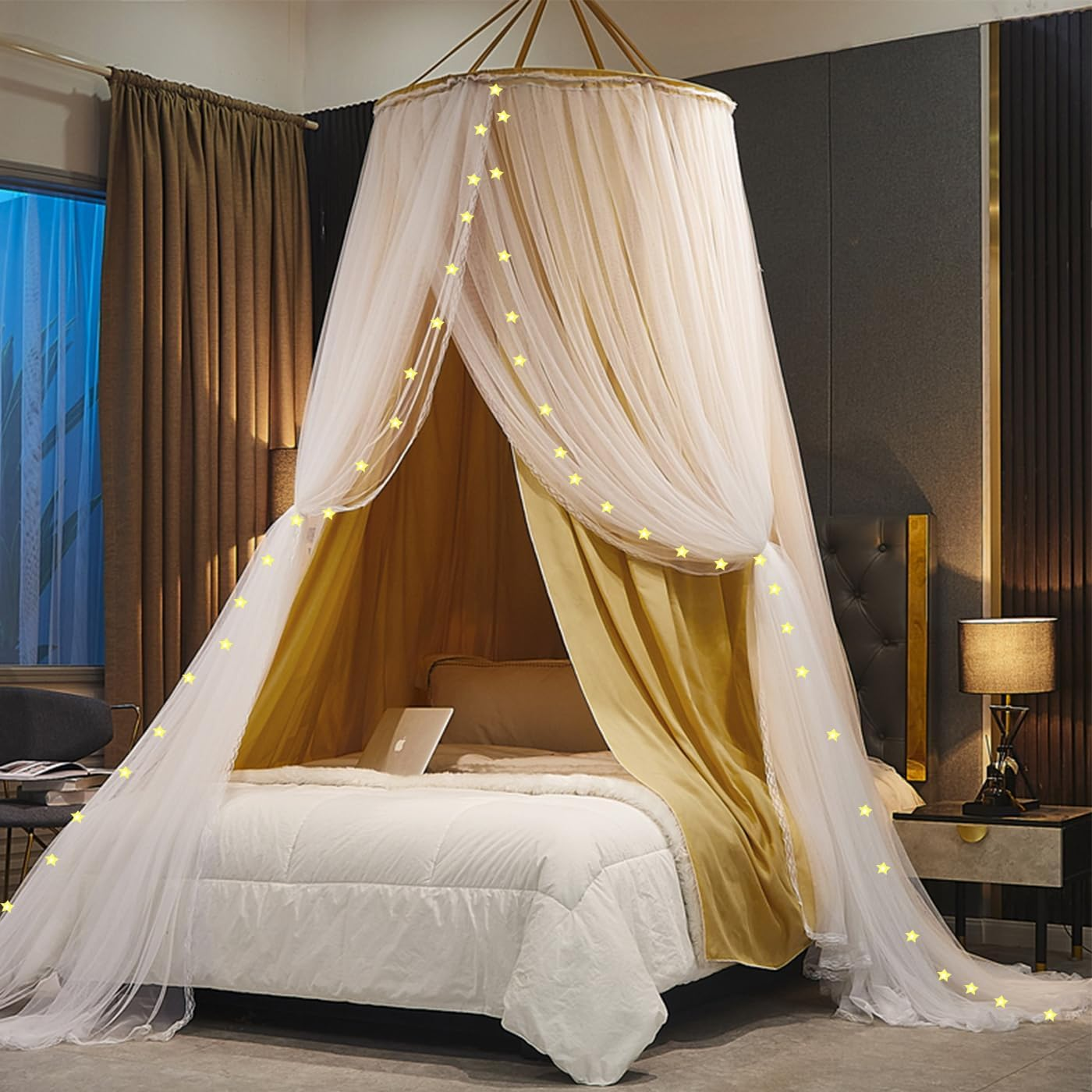 Double Layer Bed Canopy, Elegant Princess round Dome Canopies Netting Large Mesh Bed Curtain Drapes for Kids Adults Children Dreamy Lace Mosquito Nets Bedroom Decoration Castle Play Tent Reading Nook