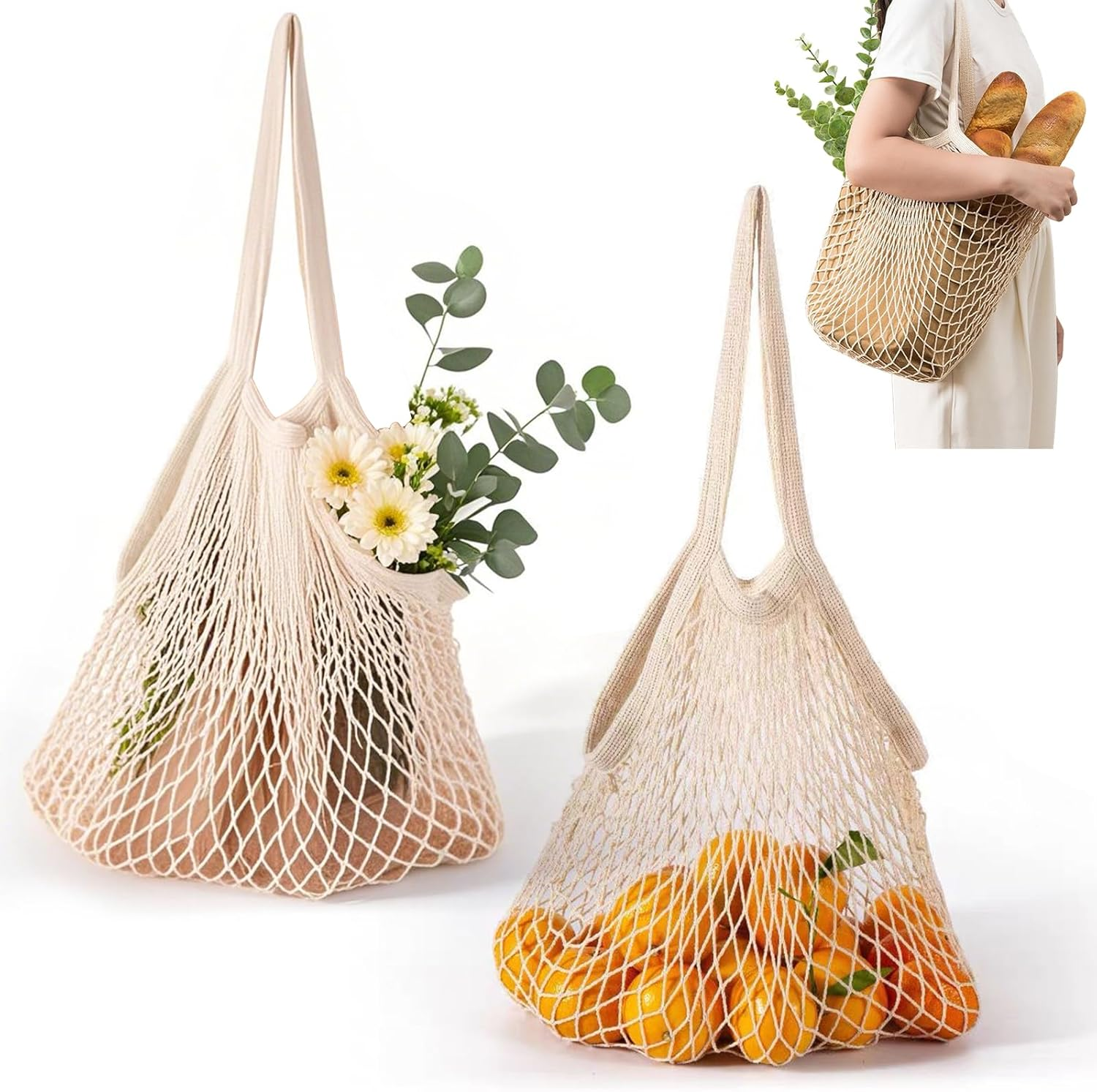 Mesh Grocery Bags 2 Pack Reusable Shopping Bags Extra Large Produce Bags Long Handle Net Tote Bags 100% Cotton String Bags Lightweight Organizer Portable Washable Bags for Fruit Vegetable Storage image number 6