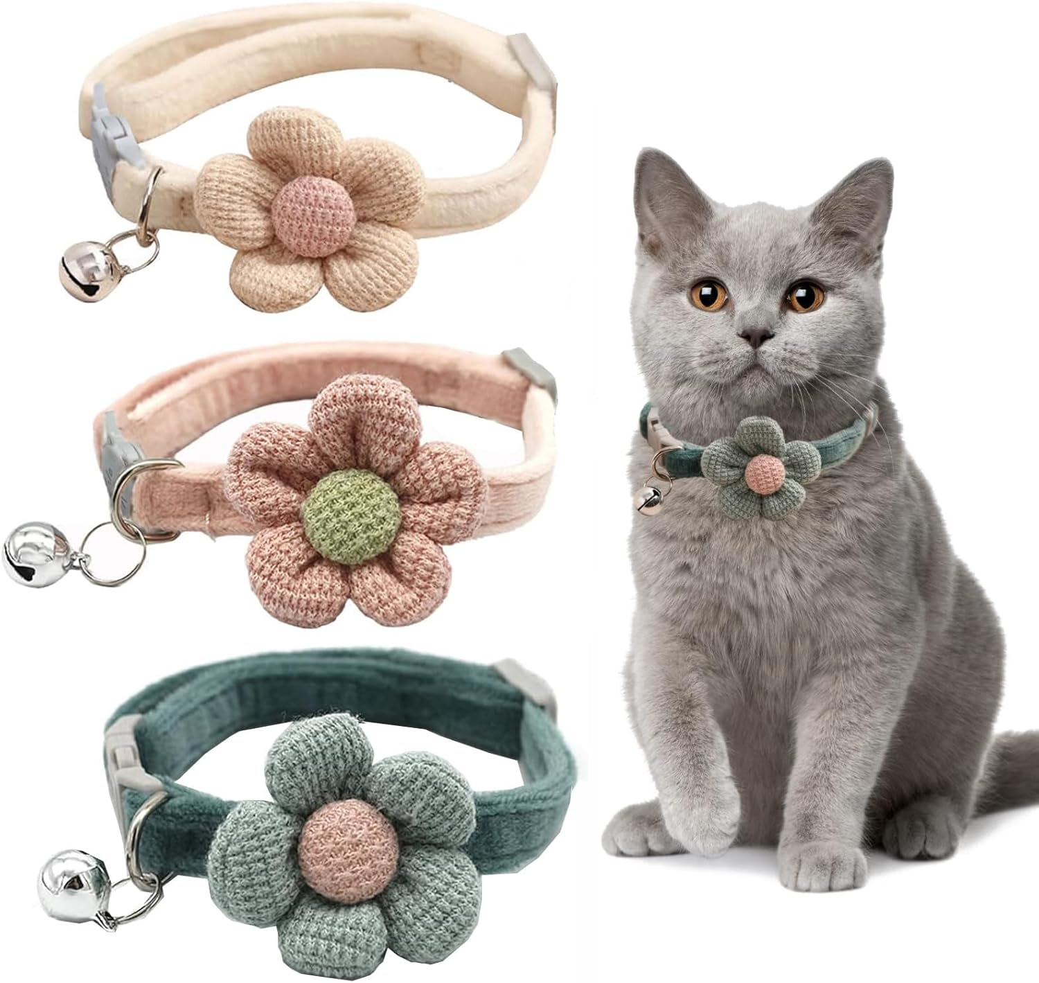 Ruzister 3 Pack Cat Collars with Flowers - Cat Collars with Bell, Adjustable Flower Bow Tie Collars for Boys and Girls, Cute Collar Accessories image number 6
