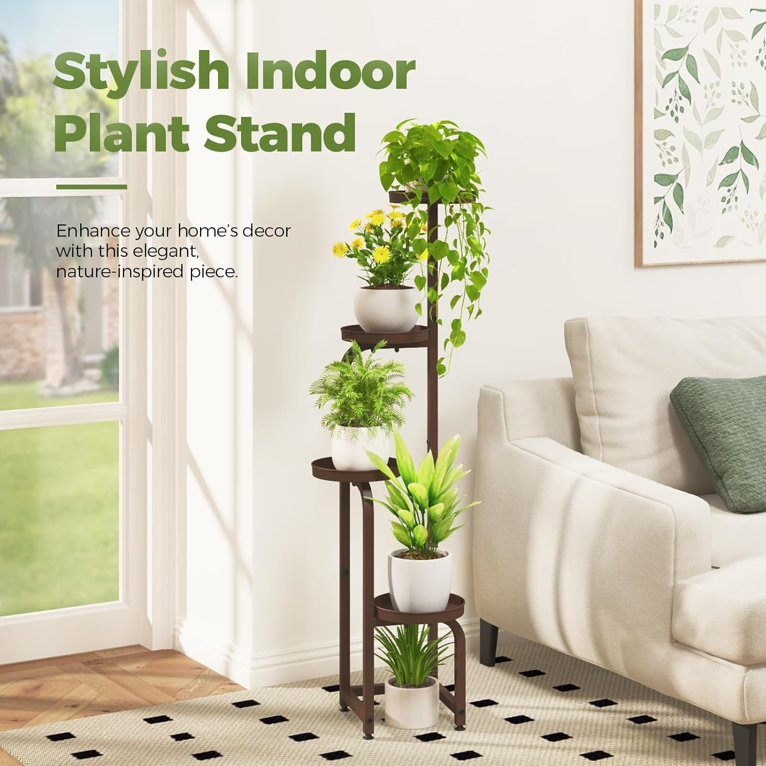 Bamworld Corner Plant Stand Indoor Outdoor, Tall Metal Flower Pot Stands for Multiple Plants, 4 Tier Brown Heavy Duty Plant Shelf for Patio Garden Balcony Living Room Bedroom(Patent Design) image number 3