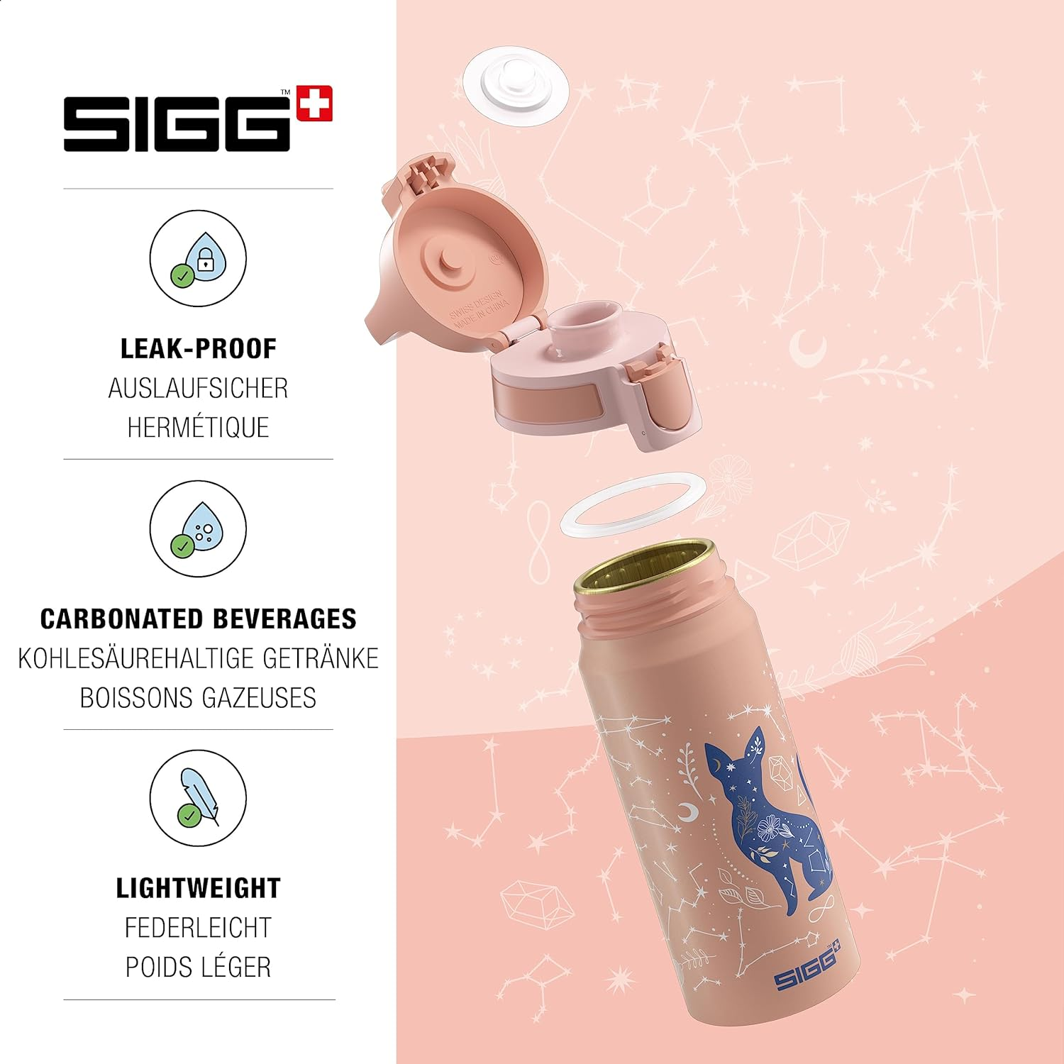 SIGG - Aluminium Kids Water Bottle - WMB ONE My Universe - Suitable for Carbonated Beverages - Leakproof - Lightweight - BPA Free - Climate Neutral Certified - Light Pink - 0.6L - 21 My Universe image number 5