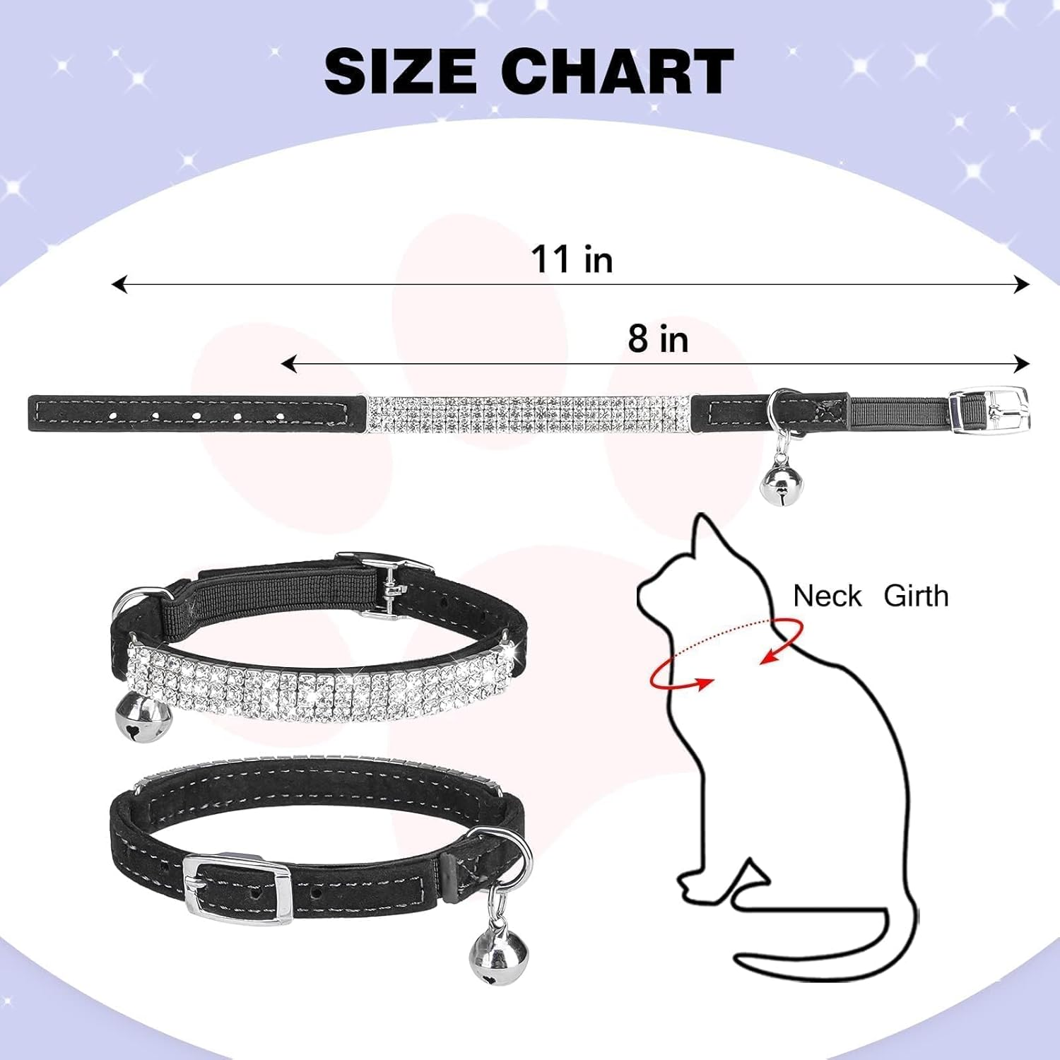 BINGPET Diamond Cat Collar, Adjustable Soft Velvet Leather Safe Kitten Collar with Shiny Rhinestones and Bells, Girl Boy Bling Stylish Cat Collars with Safety Elastic for Small Medium Cats,Black - Black image number 3