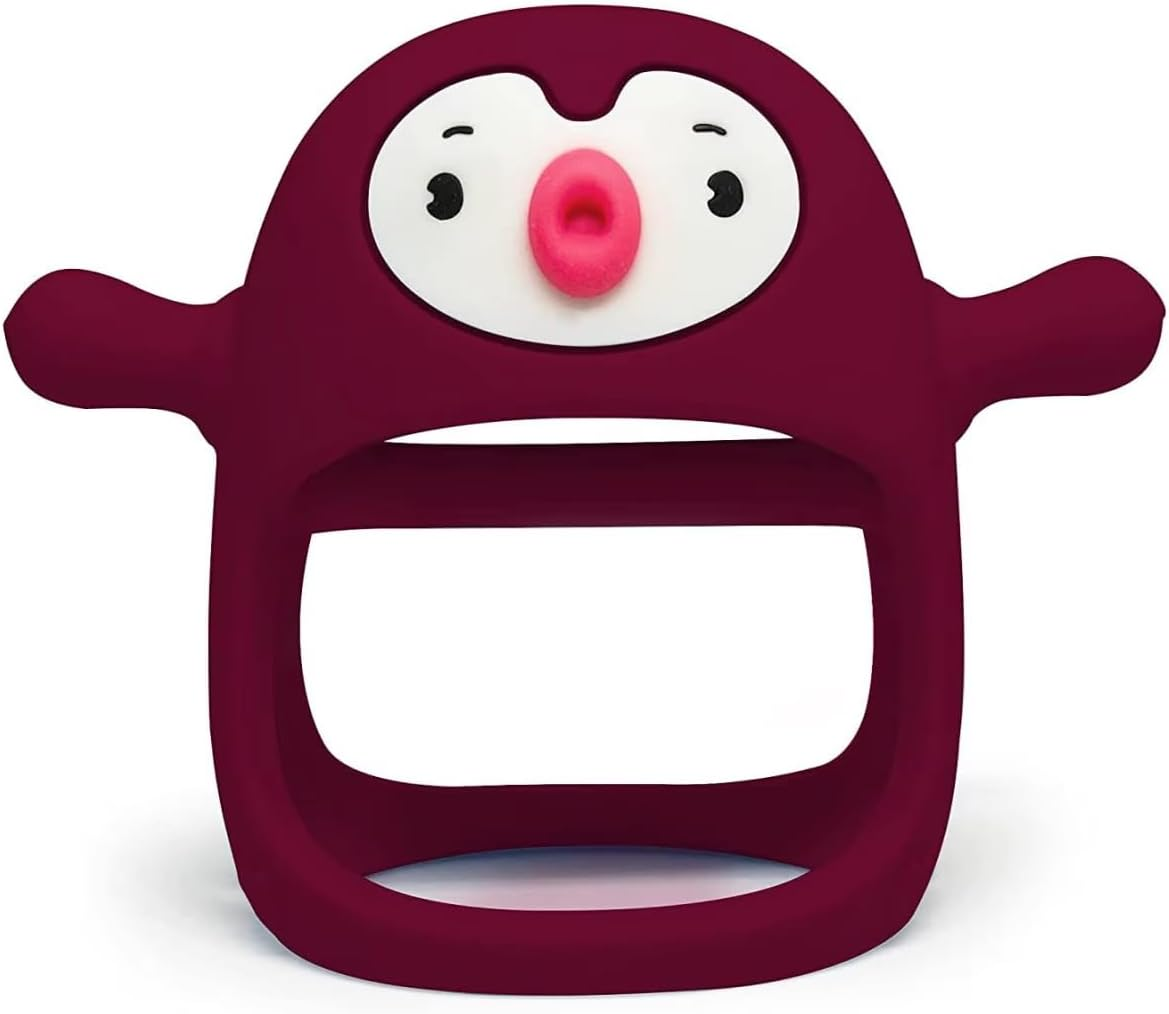 Yummy Baby Cute Penguin Teething Mitten for Babies, Easy to Hold, No-Drop Design, Silicone Baby Teether Toys, Relief from Teething Pain, Nipple Shaped Penguin Hands Comfort Gums (Ruby Red)