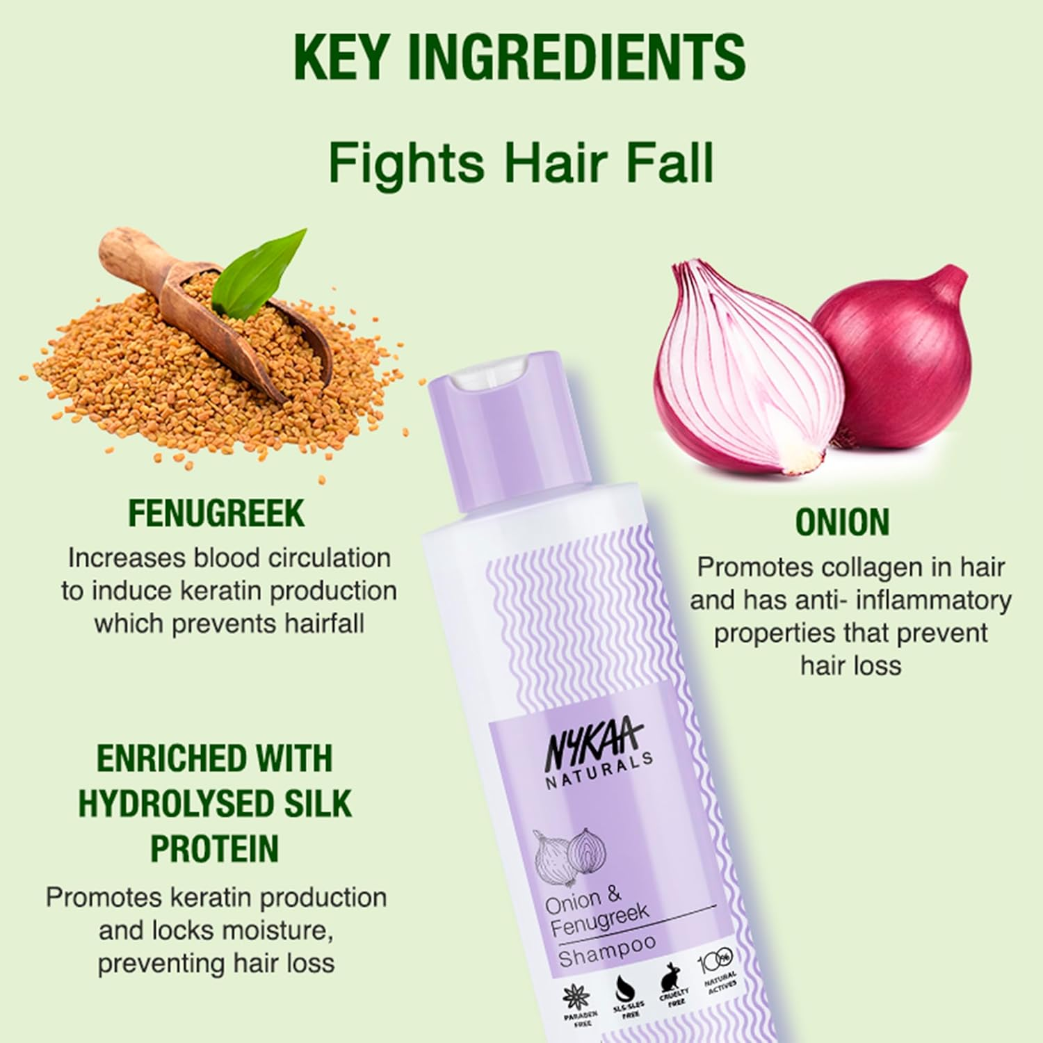 Nykaa Naturals Shampoo - Boosts Circulation to Promote Healthy Hair Growth - Adds Shine and Luster, Strengthens and Moisturizes Strands - Suitable for All Hair Types - Onion and Fenugreek - 13.52 Oz image number 3