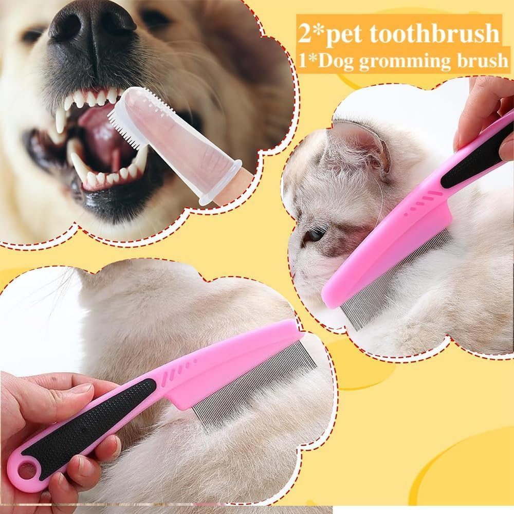 7Pcs Pet Grooming Kit, Self-Cleaning Brush Shedding Kit with Nail Clipper, Flea Comb, Shampoo Bath Brush, Finger Toothbrush, Storage Bag (Pink)