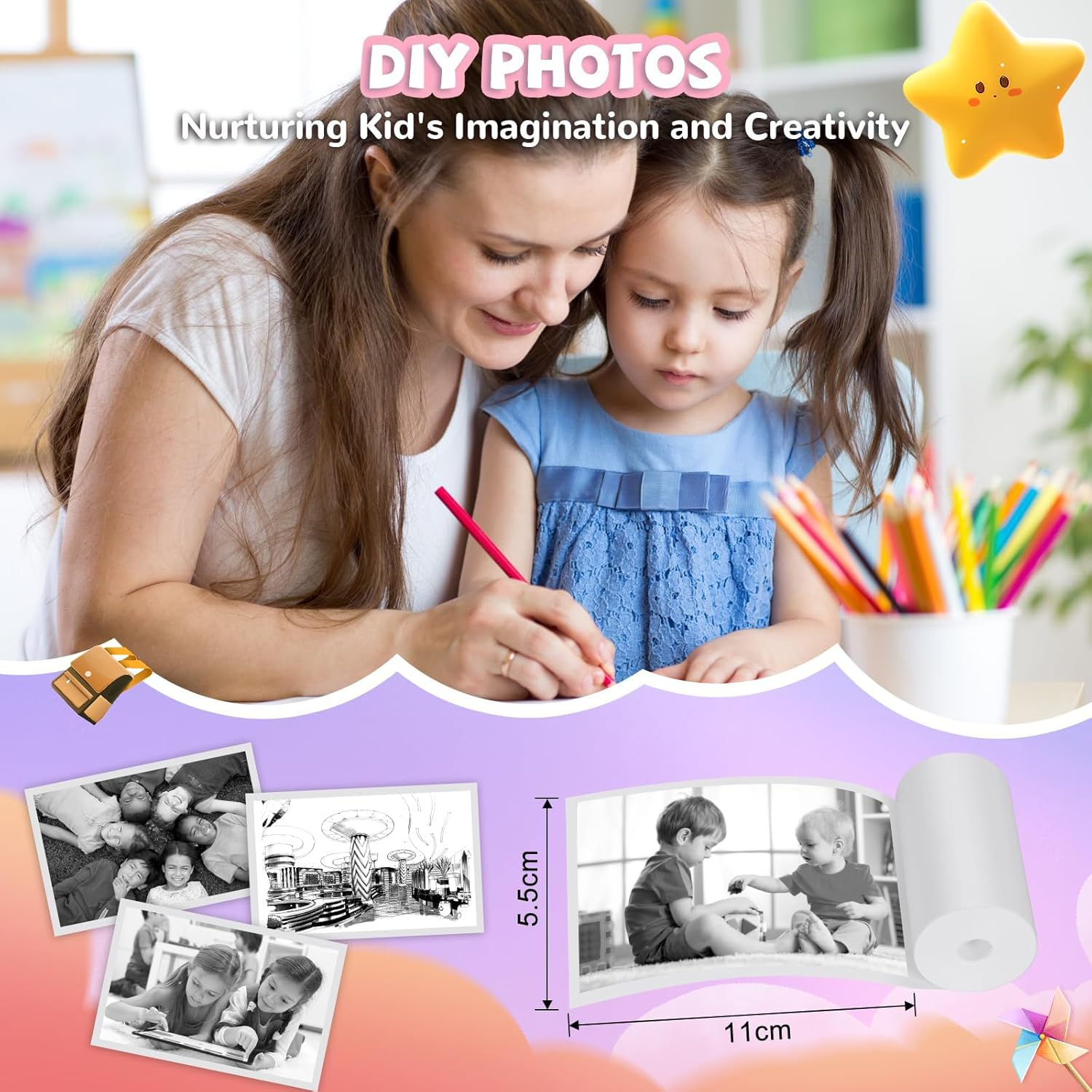 Omebel Kids Digital Camera, Instant Print Camera for Kids, HD Video, 32GB SD Card, Portable Toddler Camera for Girls & Boys Age 3-12, Christmas Birthday Gifts, Kids Camera & Photo Kids Toys (Pink) image number 3