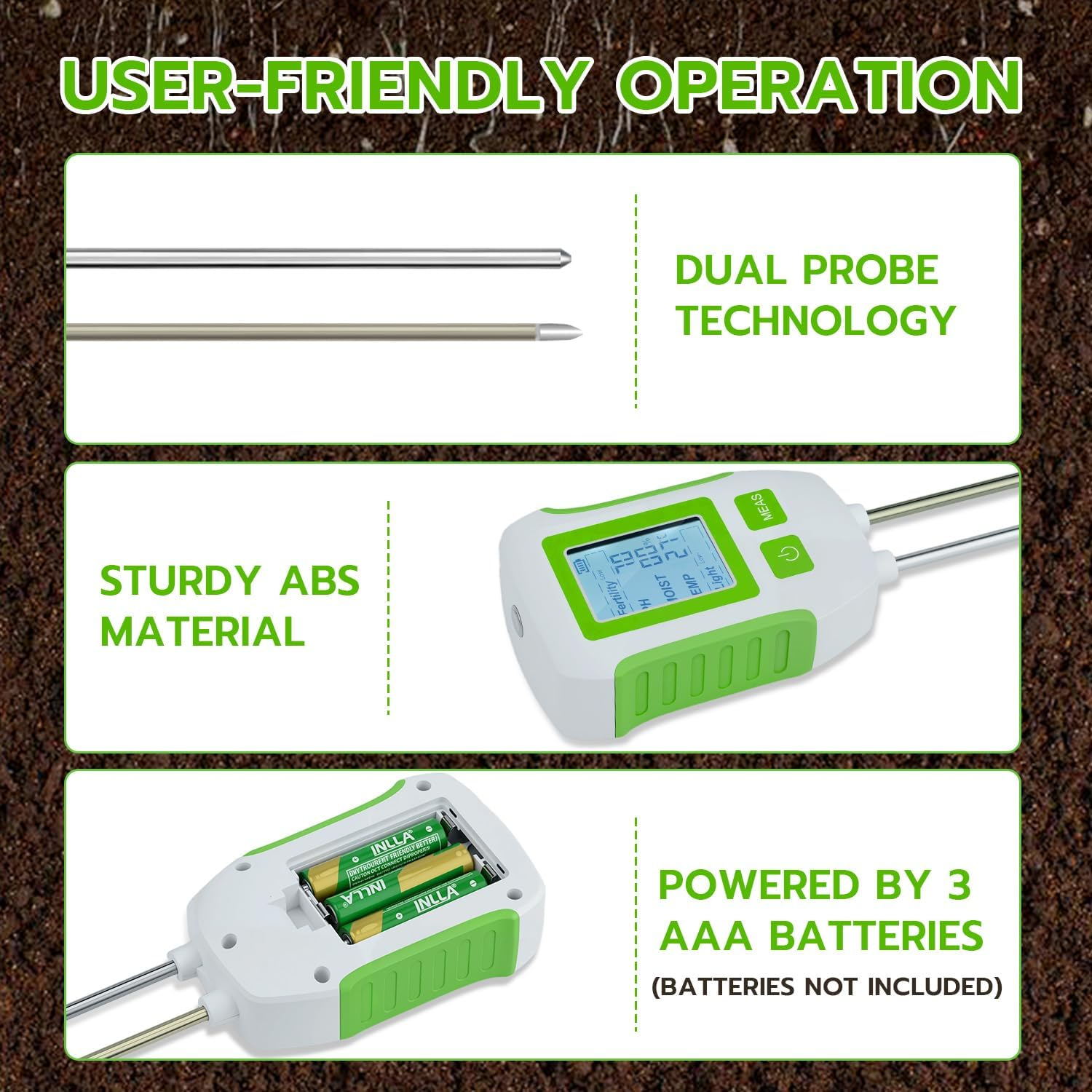 Mcbazel 5-In-1 Soil Tester with Backlit Lcd&Dual Probe-Digital Soil Ph Meter,Moisture Meter for Fertility,Temp,Light-Soil Test Kit for Gardening,Lawn,Farming,Potting Soil,Indoor&Outdoor Plants image number 5