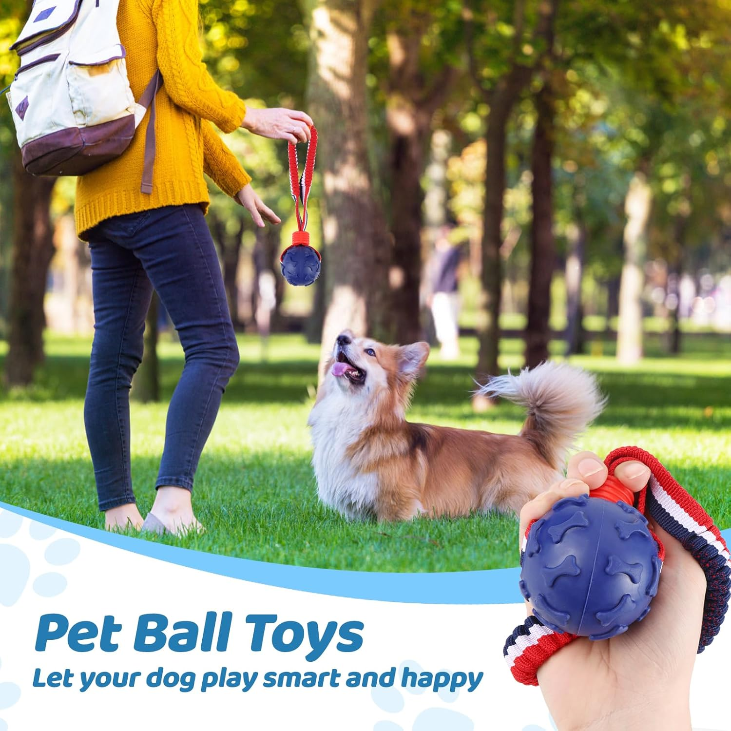 Yiliya Dog Ball on a Rope, 2 Pieces, Diameter 7 Cm, Interactive Natural Rubber Ball Dog for Fetching, Catching, Throwing and Pulling War, 30 Cm (Blue + Red) image number 2